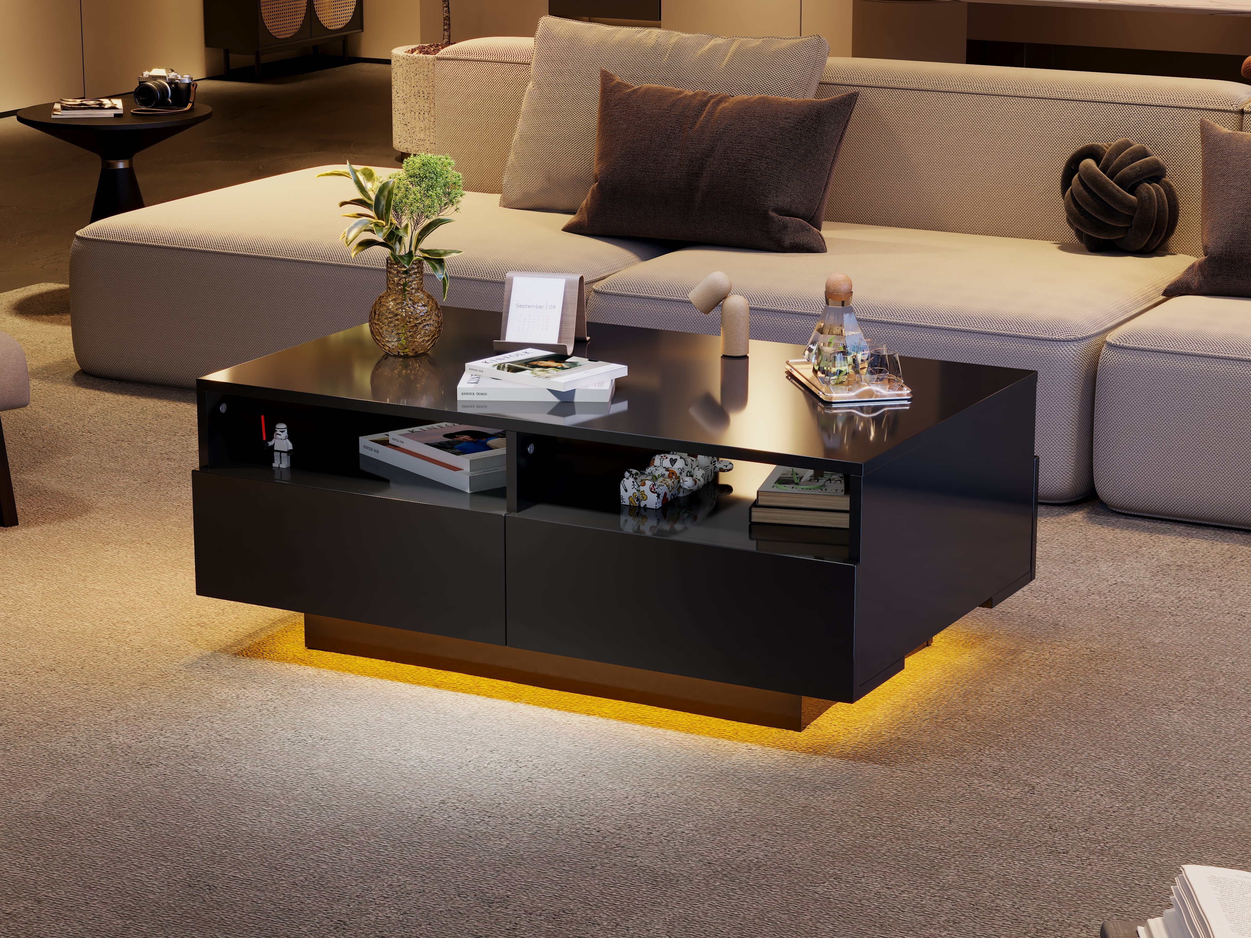LED Coffee Table with 4 Drawers, Modern Center Table with 16 Colors LED Lights, High-Gloss