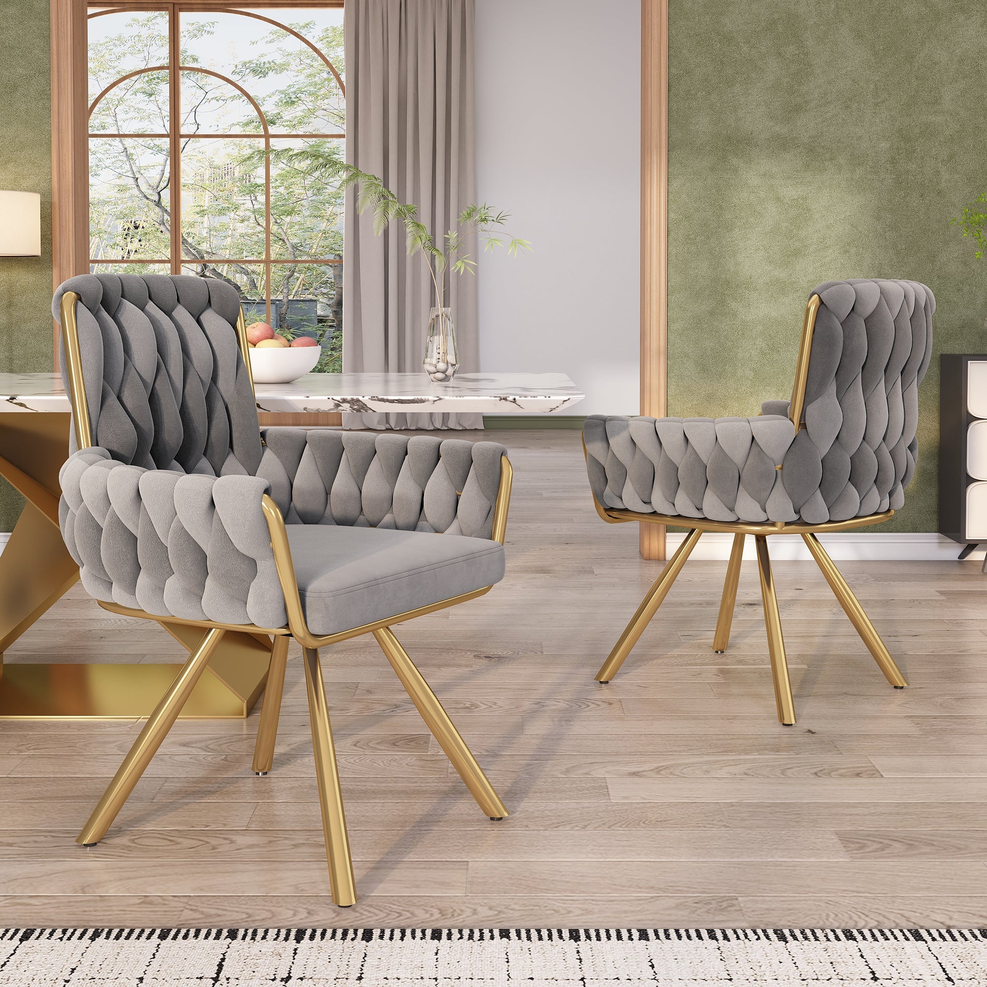 Velvet Dining Chair, Luxury Swivel Armchair with Four Metal Support Legs, Grey