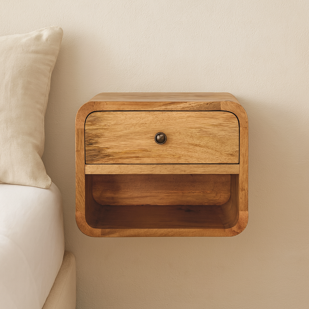 Solid Wood Mini Floating Bedside, 1 Drawer 1 Open Slot, Oak-ish Brown
