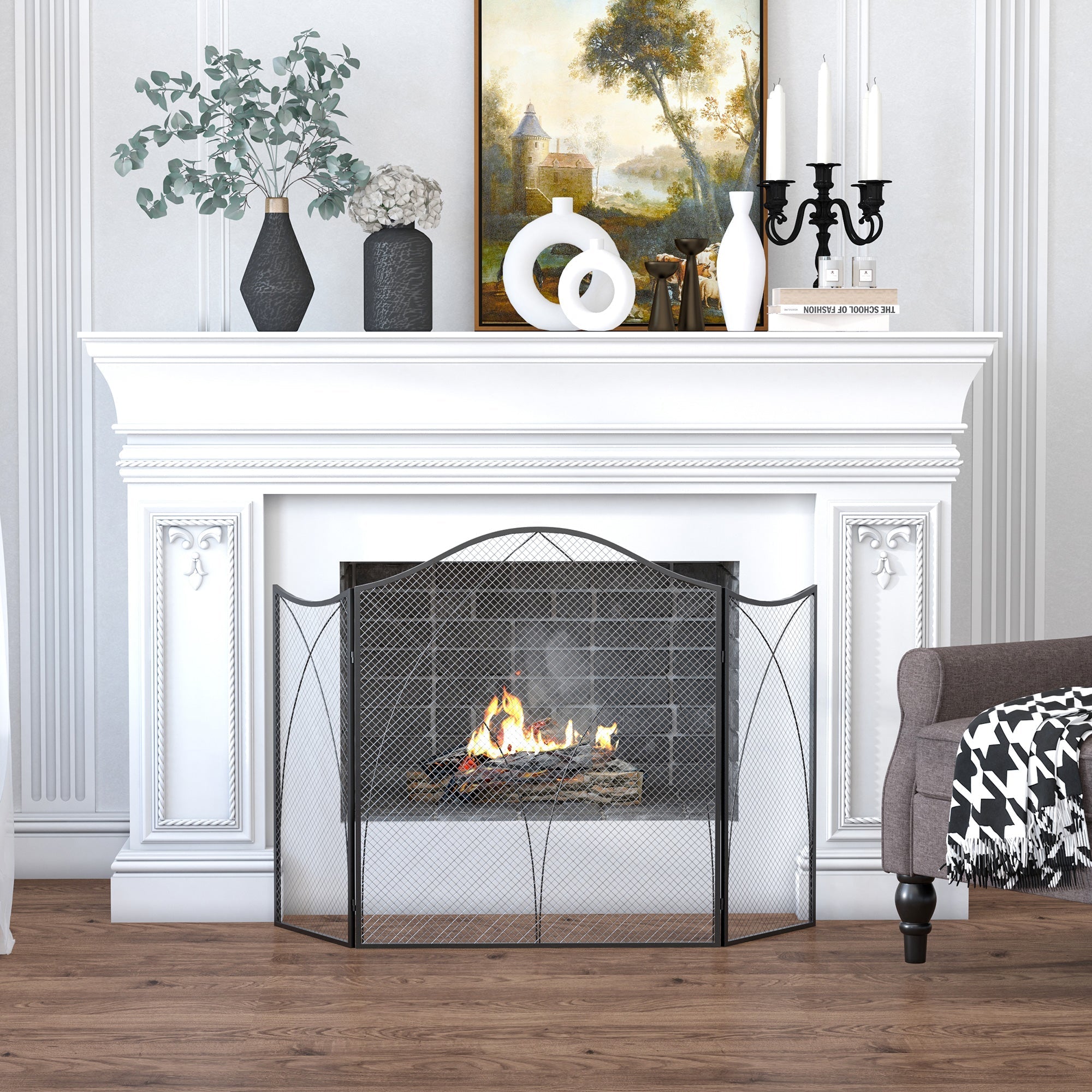 Fireplace Guard, 3-Panel Folding Screen, Metal Black