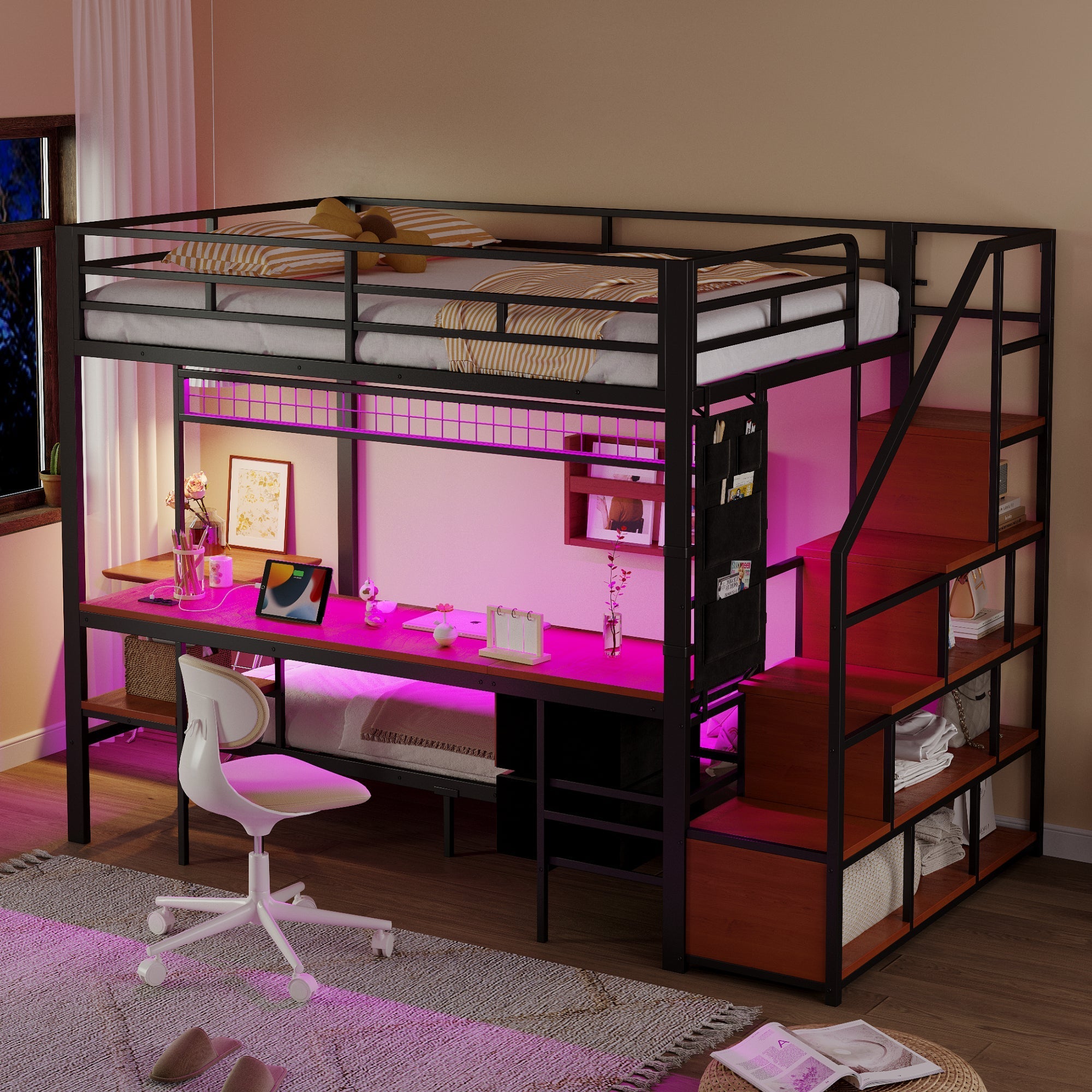 Metal Loft Bunk Bed Multifunctional with Desk LED Light Power Outlets Storage 140x200/90x200 Black