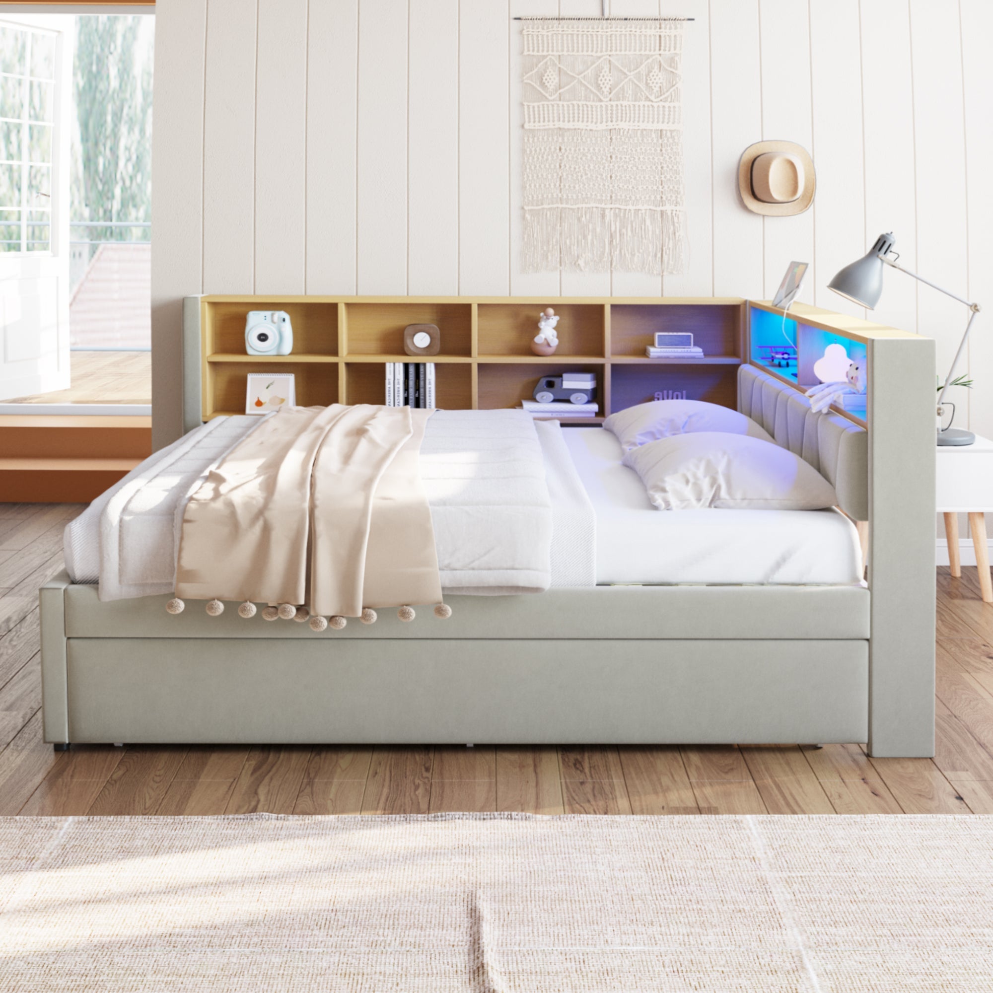 Sofa Bed 140x200, Pull-out Bed 90x190, LED Lights, Storage, Upholstered, Flannel, Light Gray