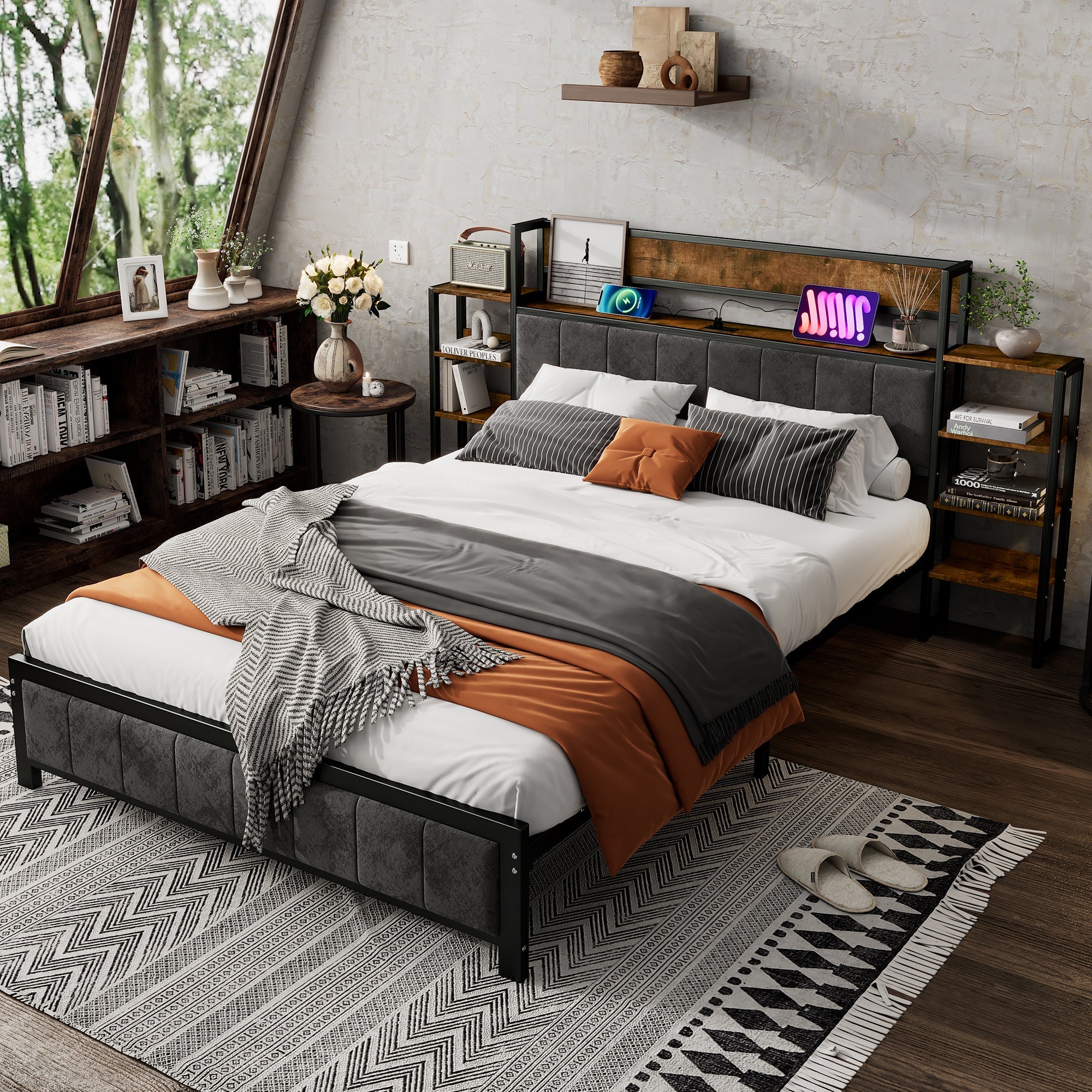 Metal Bed, Storage with Shelf & 3 USB Ports, Black & Walnut