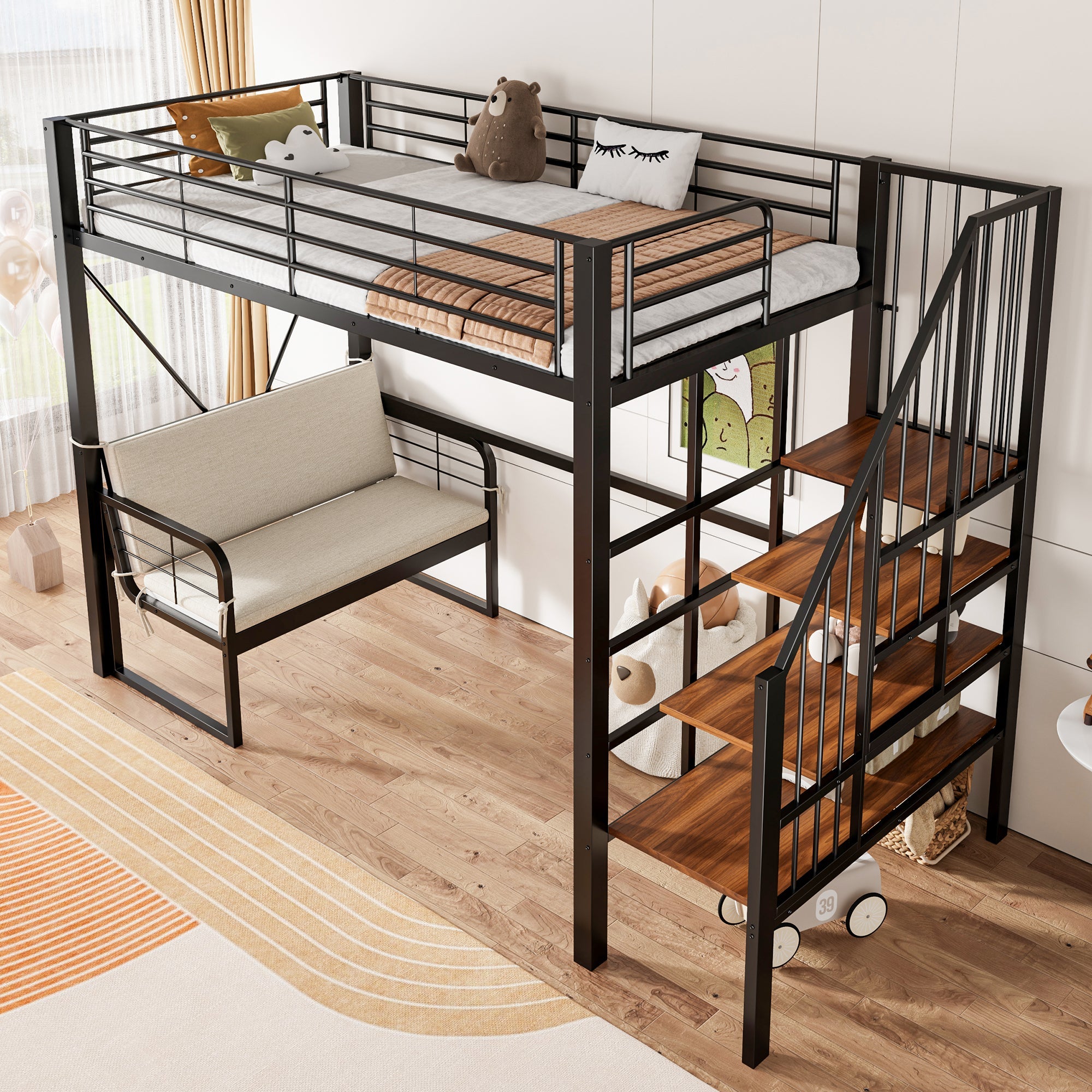 Bunk Bed with Removable Sofa, Storage and Safety Stairs, 90x200cm, Black Metal