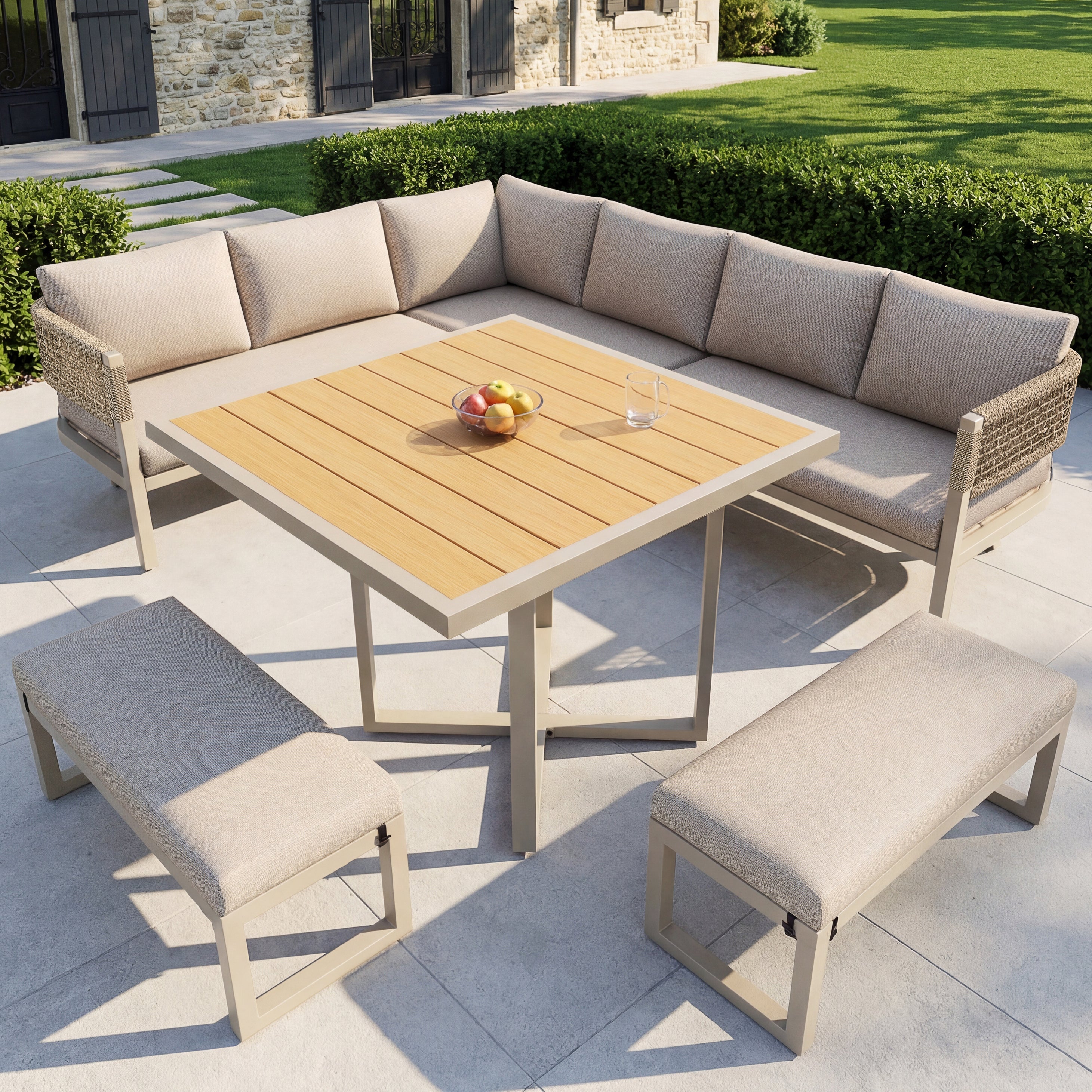 Garden Lounge Set for 8-10 People with Large Dining Table and Cushions, Plastic Wood and Ropework