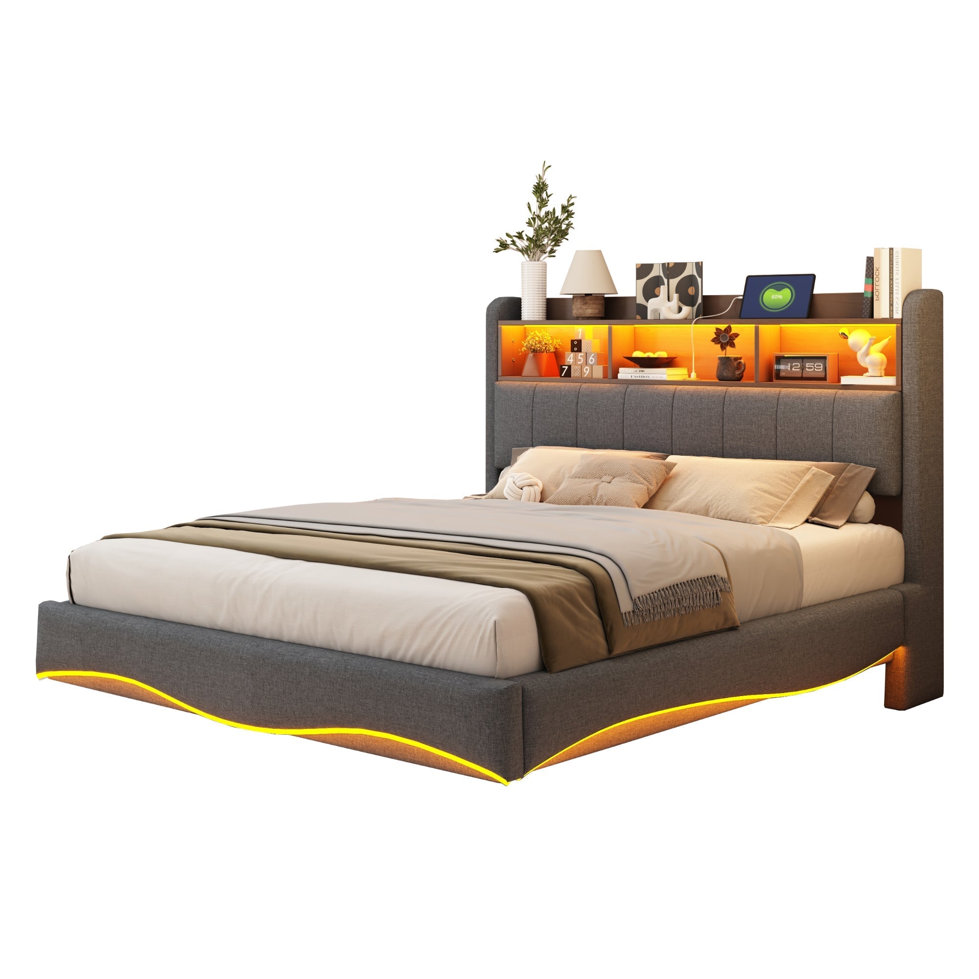 Upholstered Bed with LED Lighting, USB & Type-C Ports, and Headboard Storage, Grey