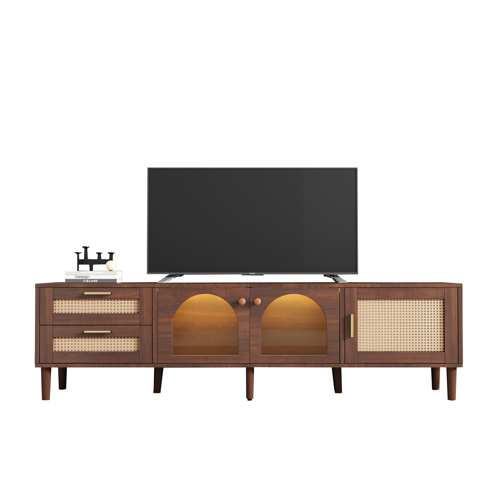 TV Cabinet 180cm, for 80-inch TV with 2 Rattan Drawers, 2 Curved Glass Doors, 1 Rattan Door & LED Lighting, Brown
