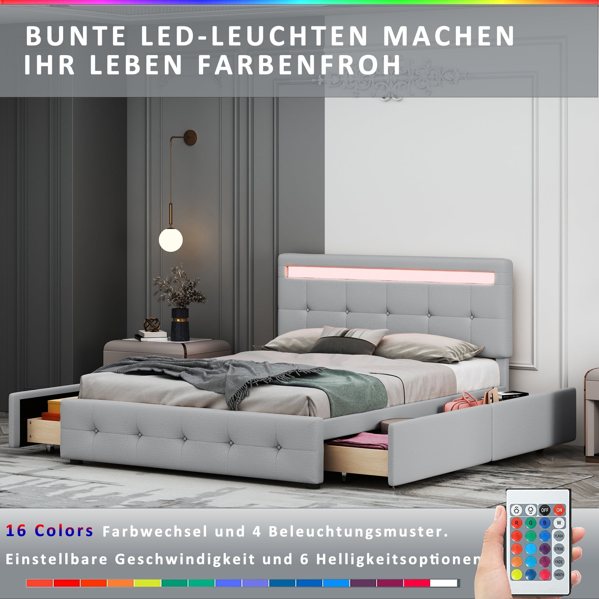 Upholstered Bed, 140x200cm, LED, 4 Drawers, Linen, Grey