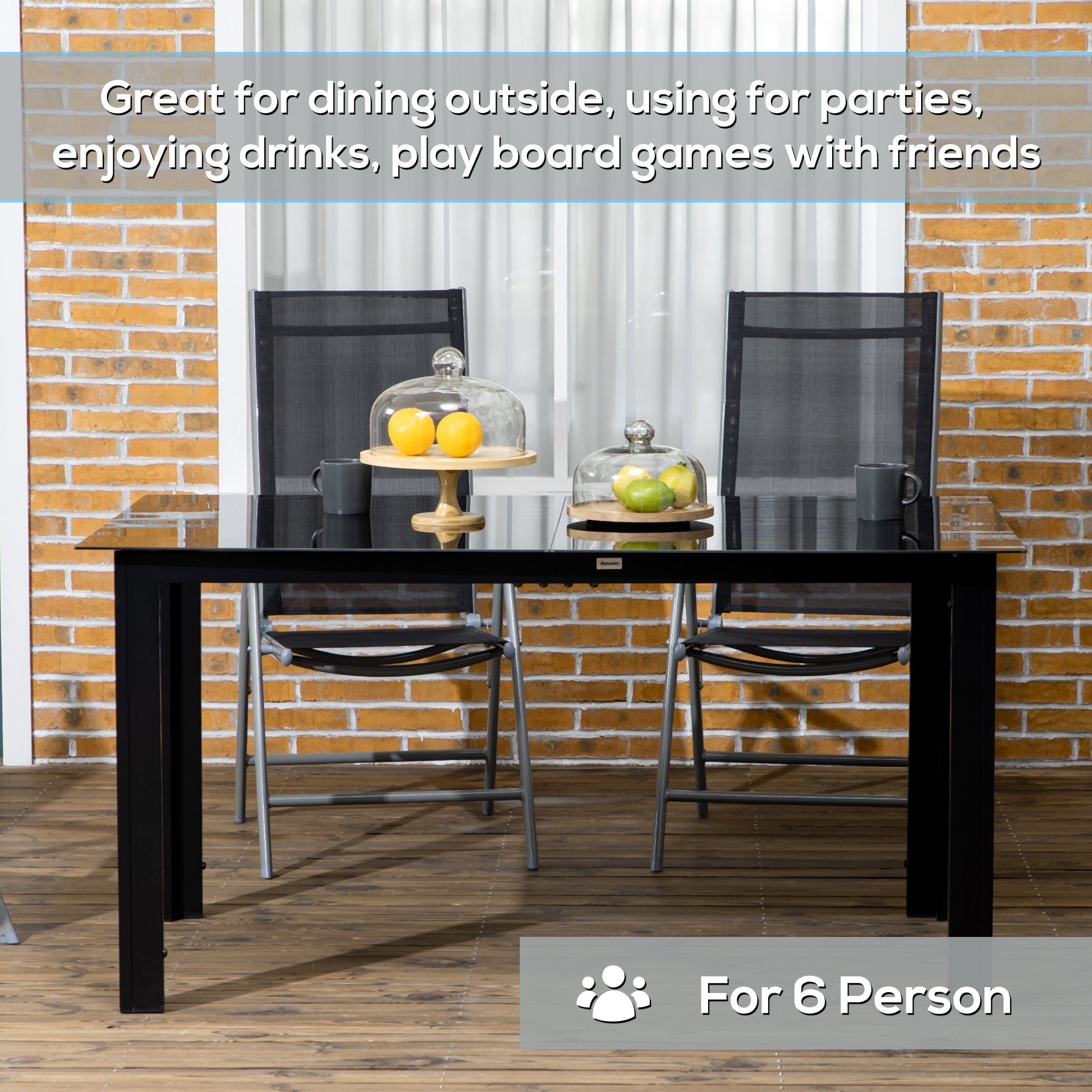 Outdoor Dining Table for 6, Aluminium Rectangular with Tempered Glass Top, Black
