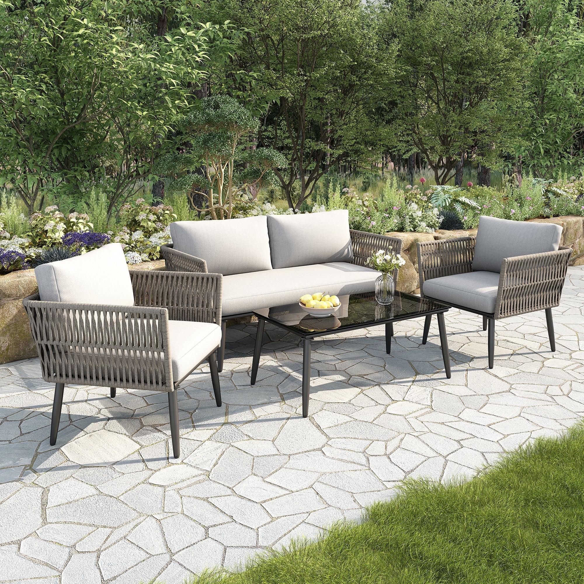 Garden Lounge Set with 2-Seater Sofa, 2 Armchairs and Coffee Table, Grey PE Rope and Steel