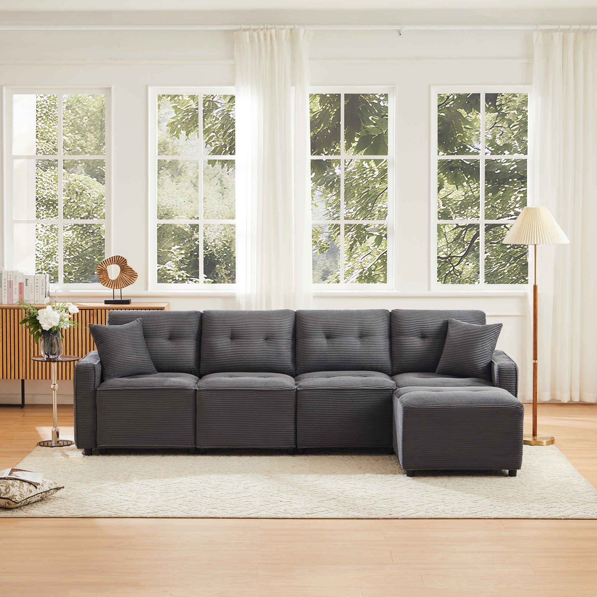 4-Seater Sofa with Storage and Ottoman, Grey Corduroy