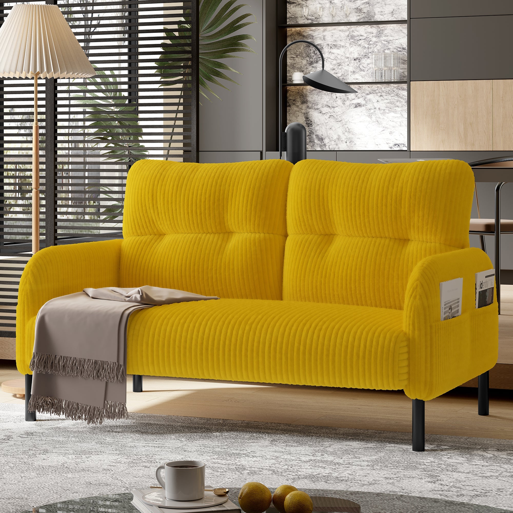 Corduroy Two-Seater Sofa Comfort Padding High Backrest Side Pockets Metal Feet, Corduroy Fabric
