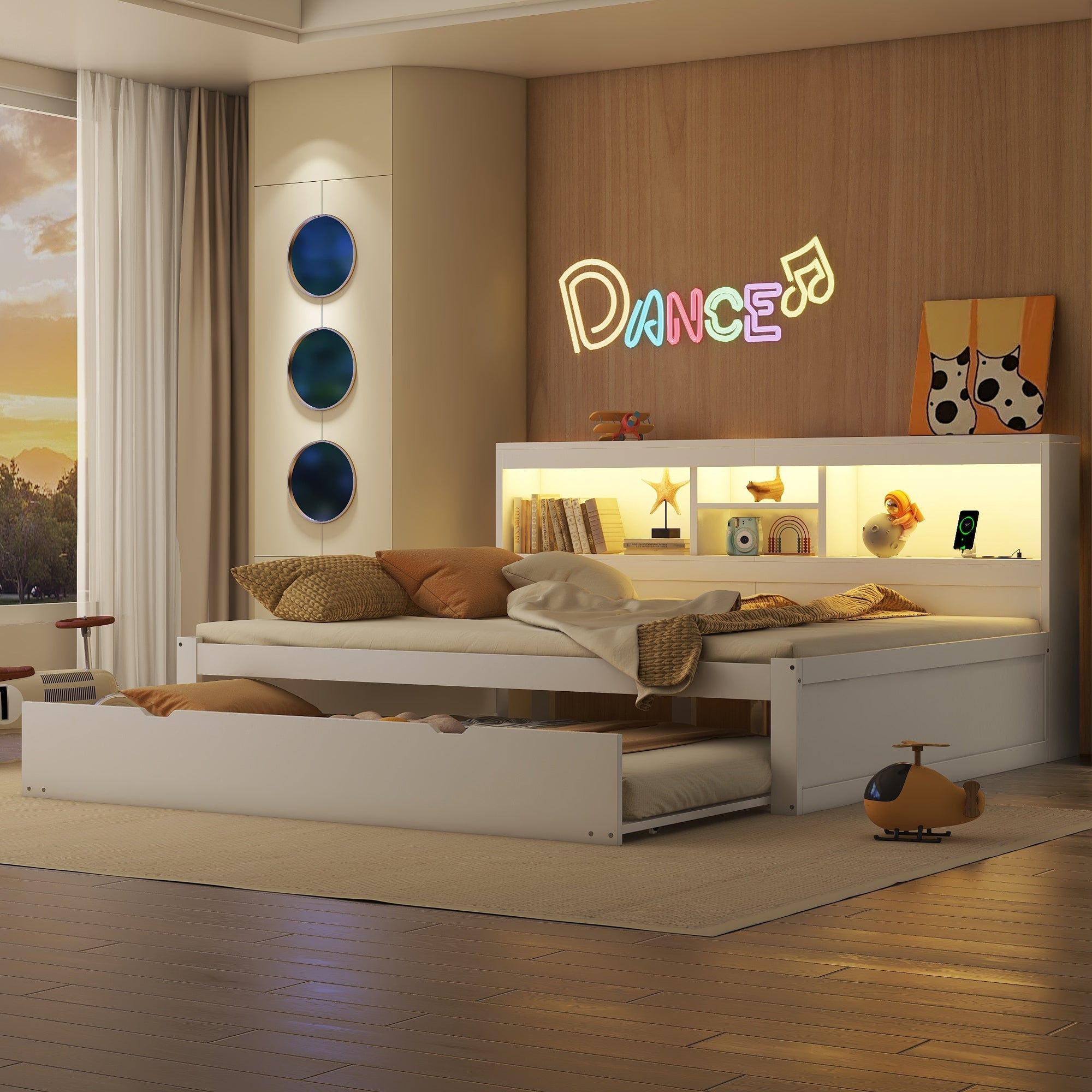 Daybed Sofa Bed 140x200cm Pull-out Bed LED Storage USB/Power Outlet - White