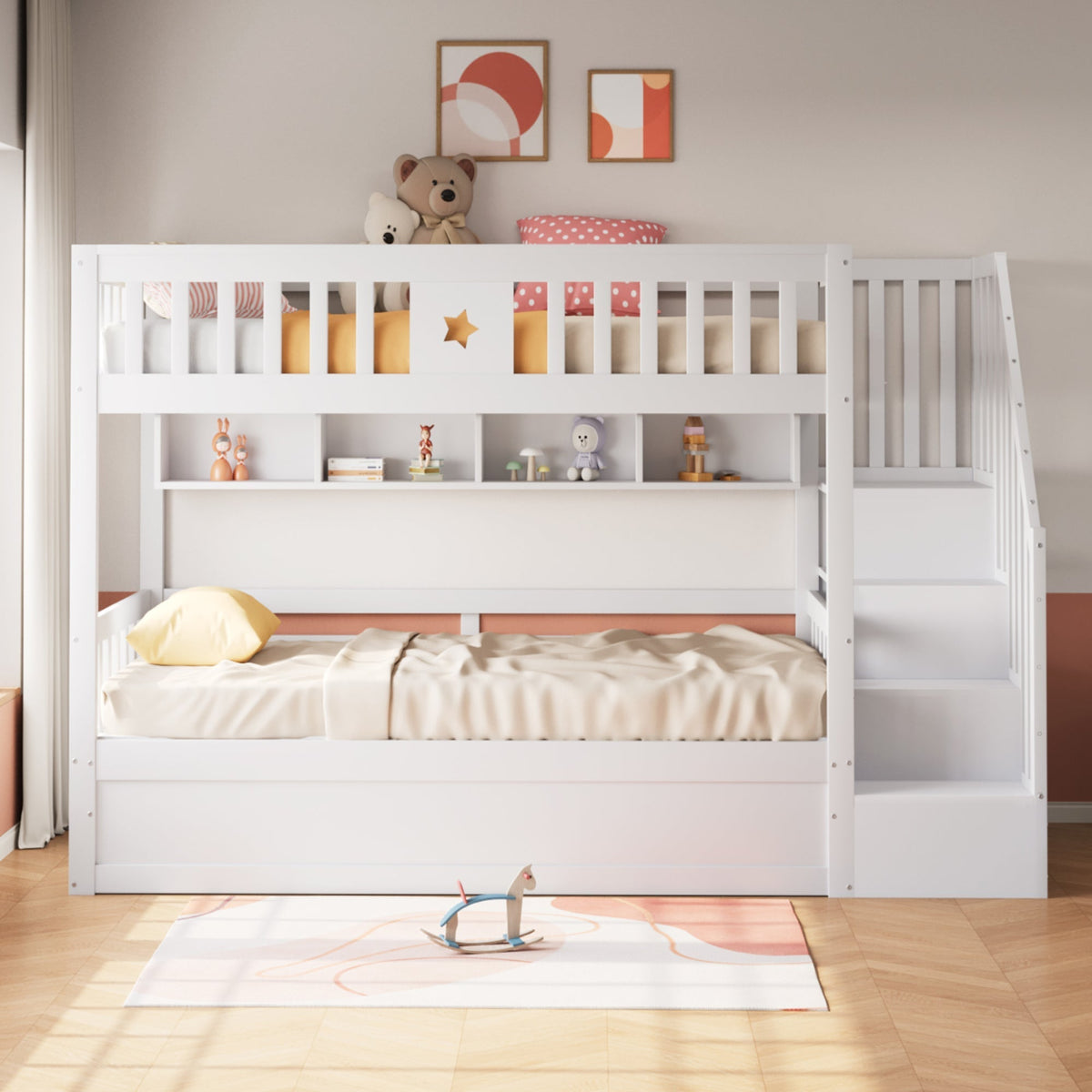 Wooden Bed 90x200cm, Hydraulic Storage, Stairs, Shelves, Loft/Bunk/Youth Bed, White