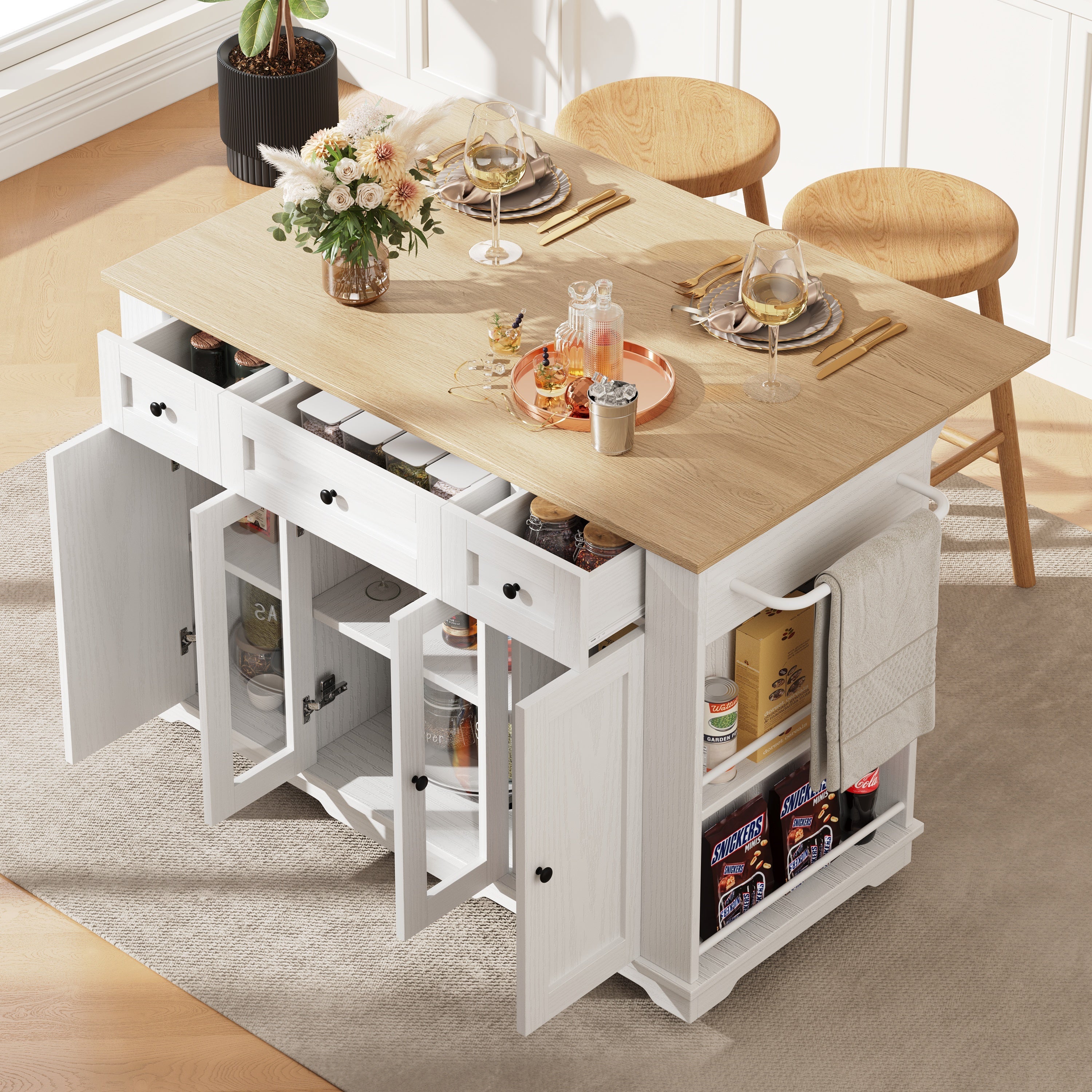 Kitchen Island, 151.5x60x91.7cm Removable Partitions Worktop Tempered Glass Cabinet, White/Black