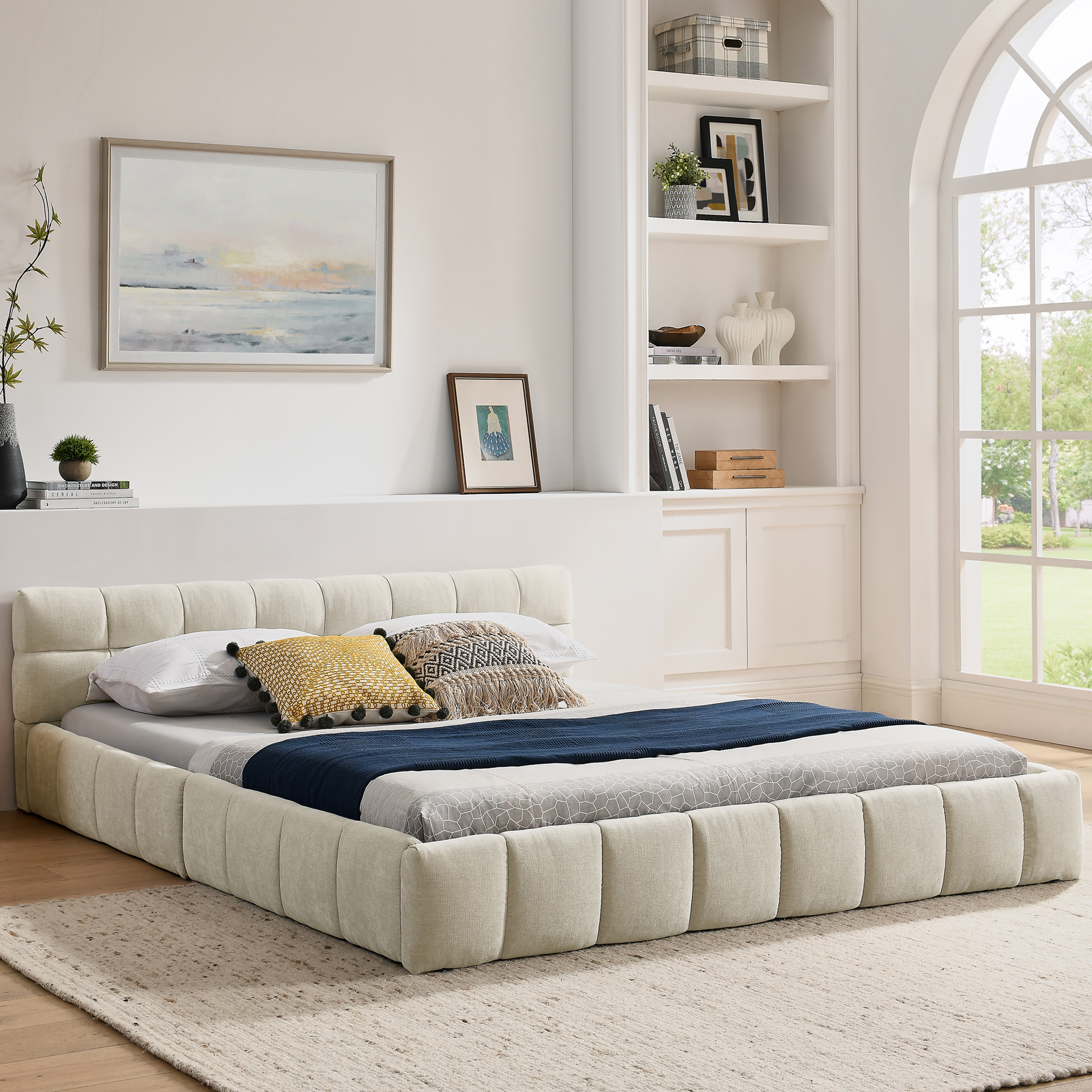 Double Bed 160x200cm, Chenille Quilted Eucalyptus Wood Frame, Beige