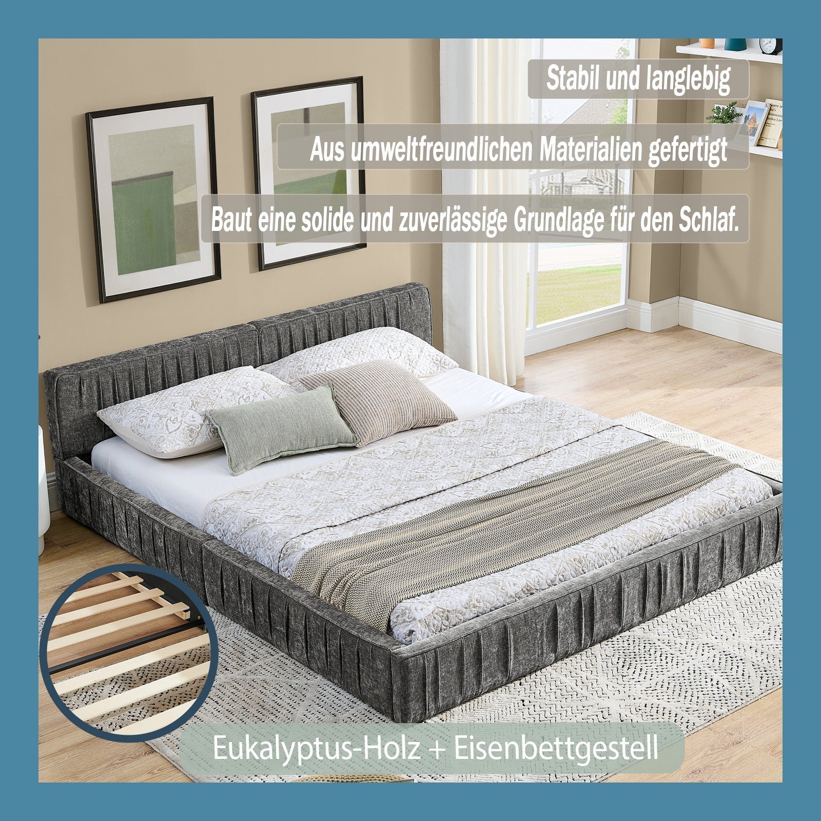 Double Bed 140x200cm Chenille Cover Iron Frame - Dark Grey