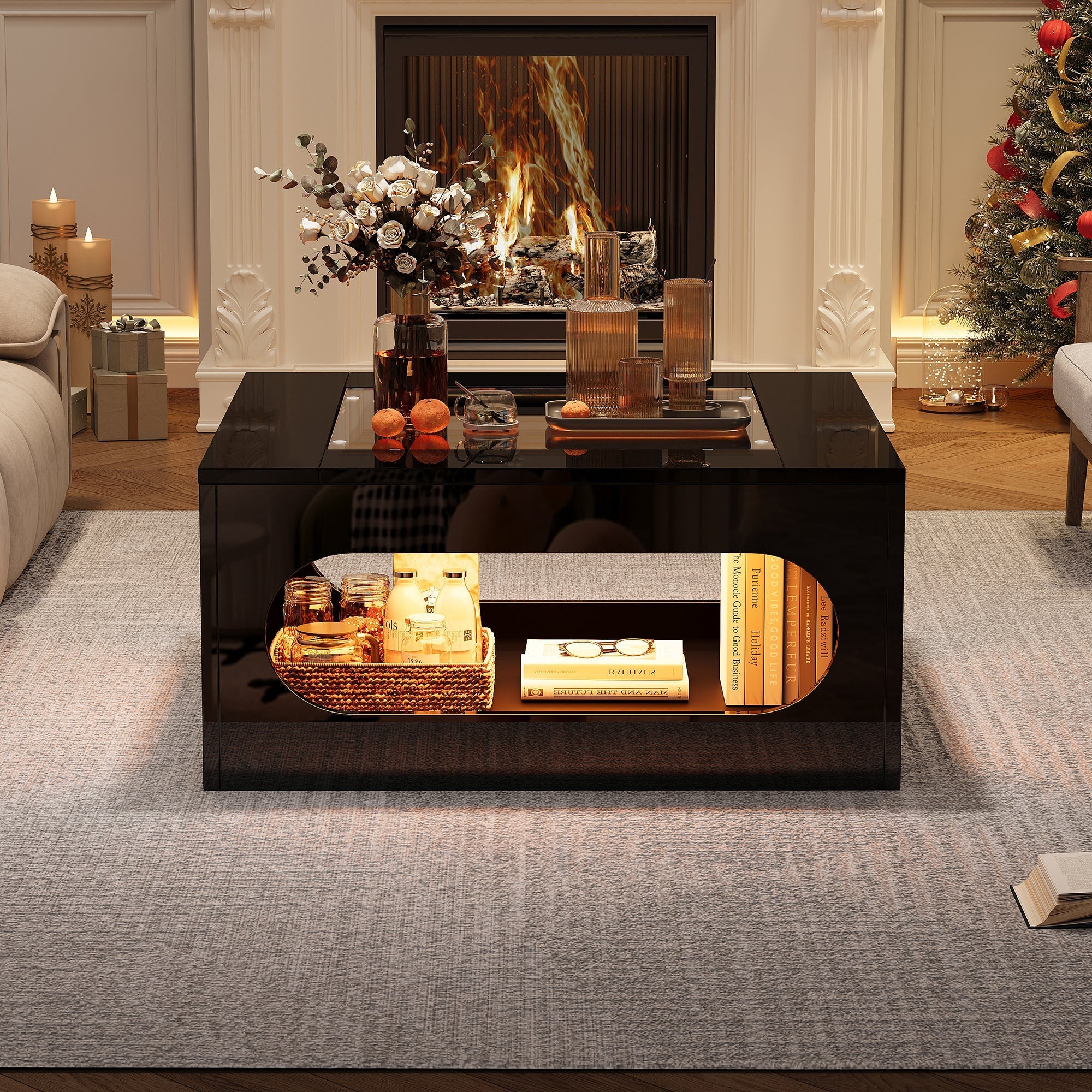 Coffee Table 70x70x35cm Square Hollowed-Out Tempered Glass LED High-Gloss Black MDF
