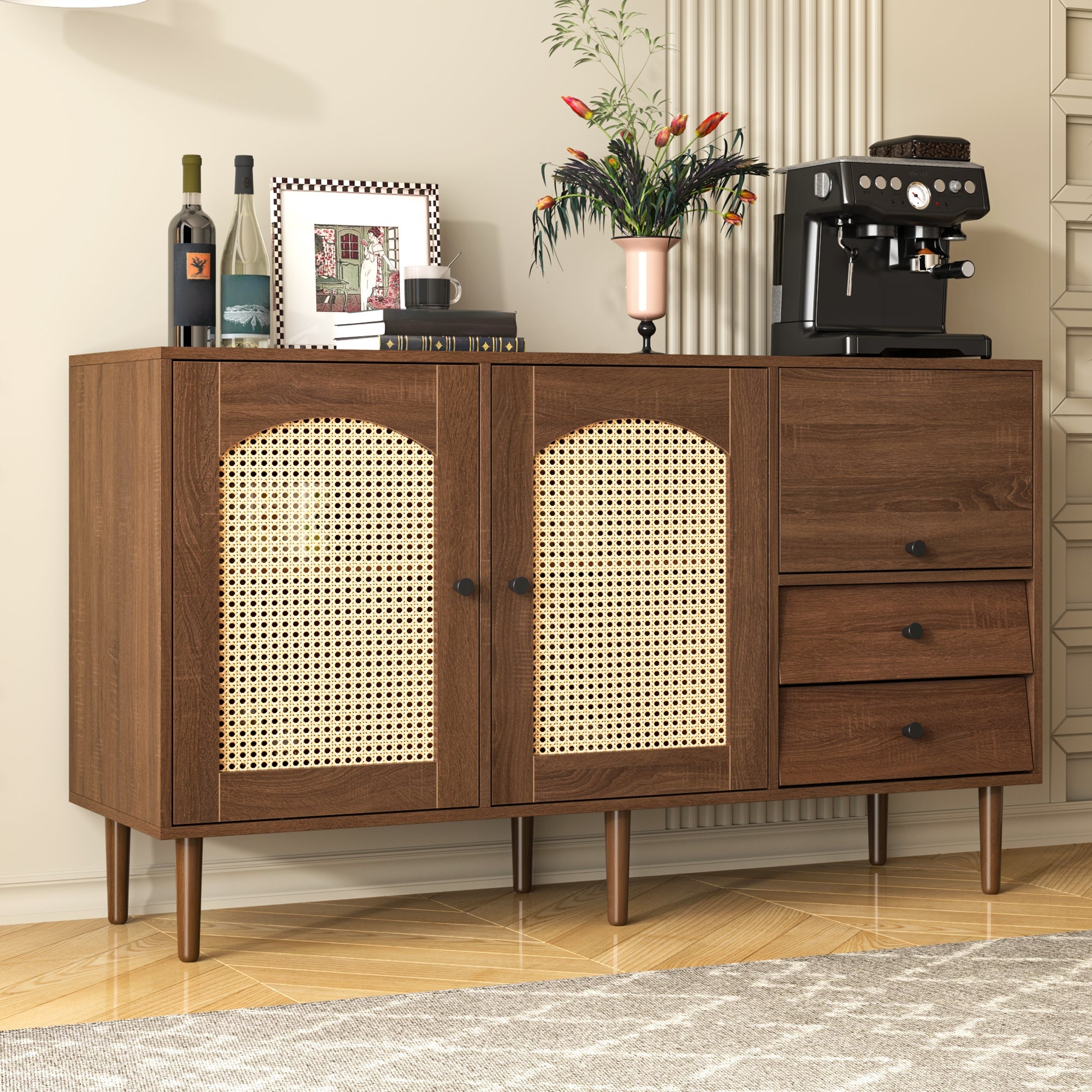 Sideboard, Country-Style with Rattan Doors, Adjustable Shelves, Wood Color
