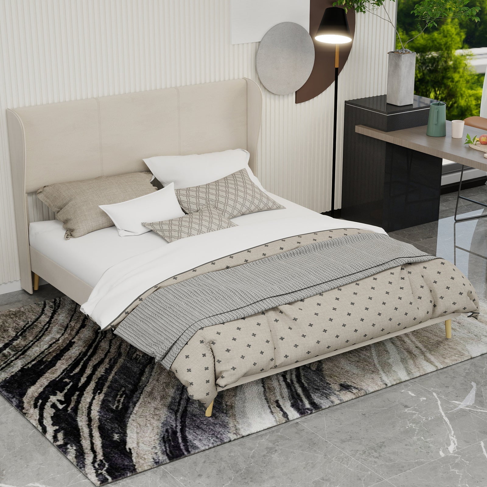 Modern Minimalist Upholstered Bed with Plush Headboard, 160x200 cm, Beige, Multifunctional Bedroom Furniture, Low-Profile Non-Storage Base (Without Gas Lift), Mattress Excluded.