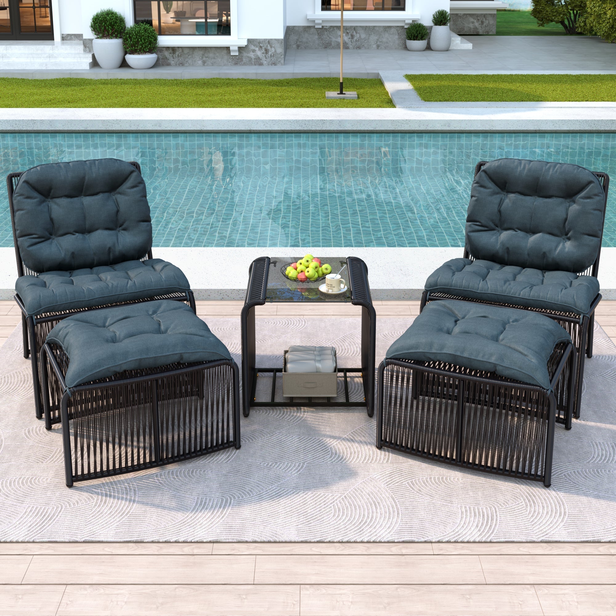 5-Piece Outdoor Garden Furniture Set with Table, 2 Chairs, 2 Stools and Glass Top, PE Rattan and Iron Frame