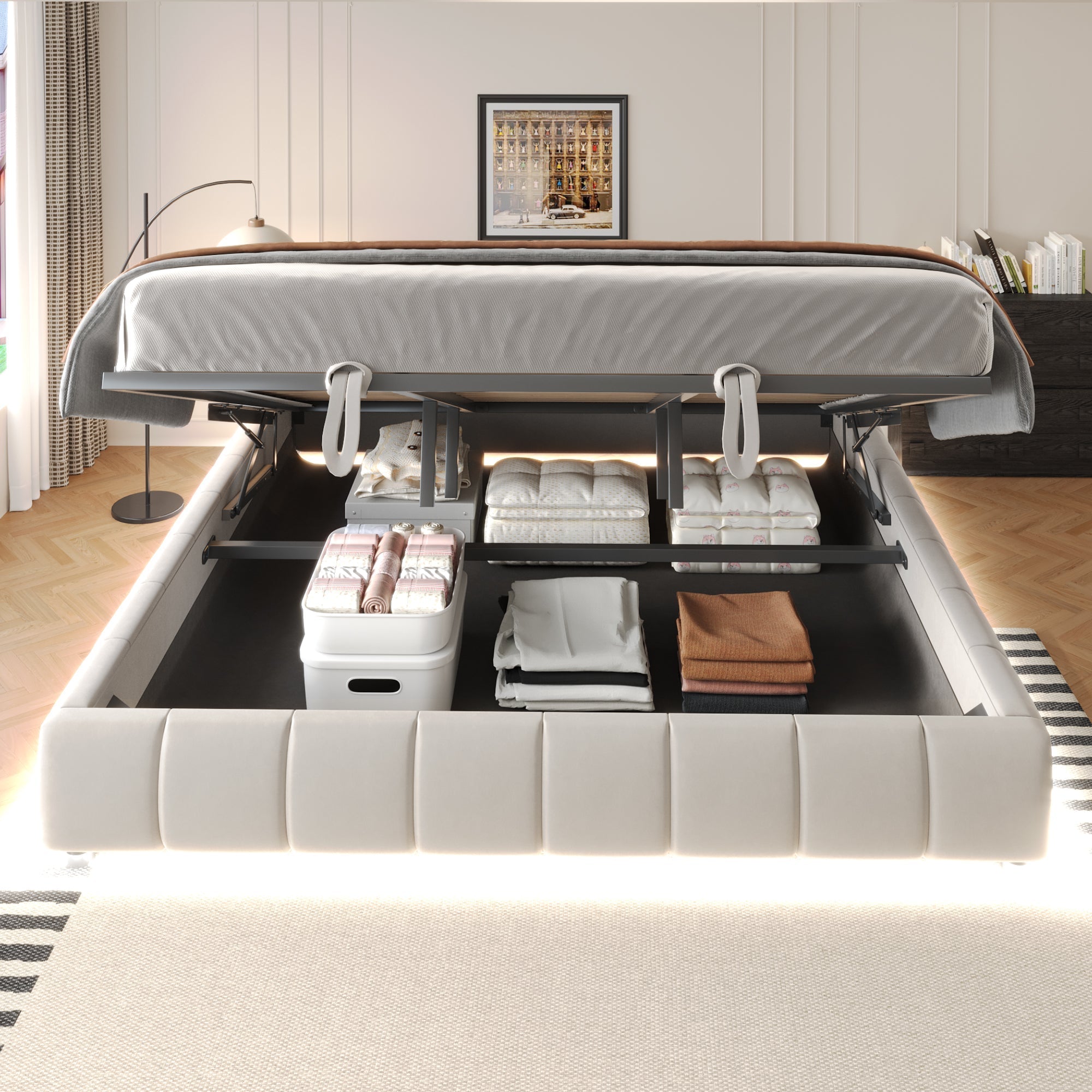 Upholstered Bed 180x200cm LED Floating Frame Storage, Beige