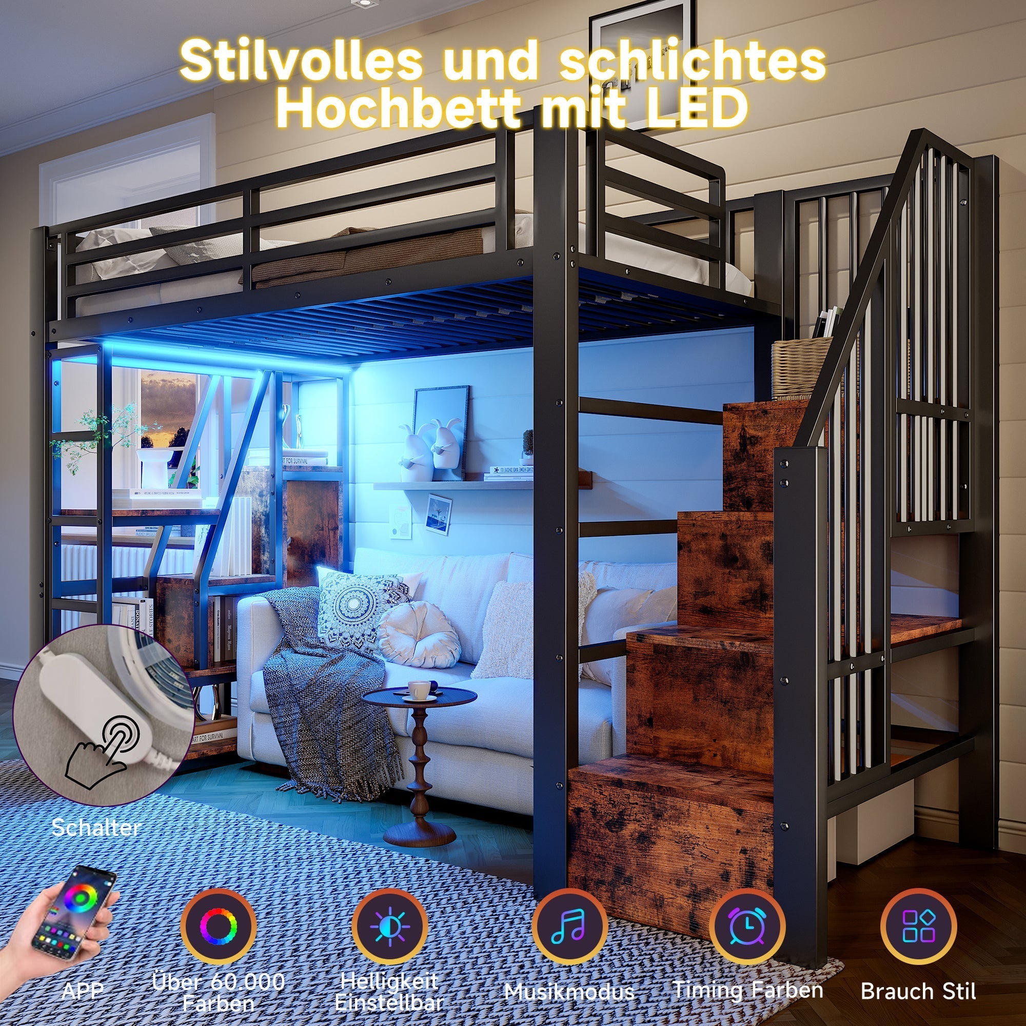 Loft Bed with Storage Steps and LED Light Strip, Black Iron Frame