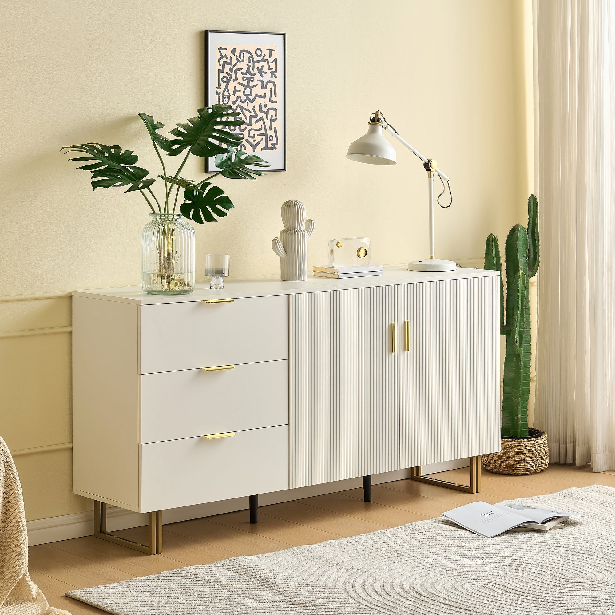 Modern Sideboard with 2 Doors and 3 Drawers, 160cm Storage Cabinet with Gold Steel Legs, White MDF