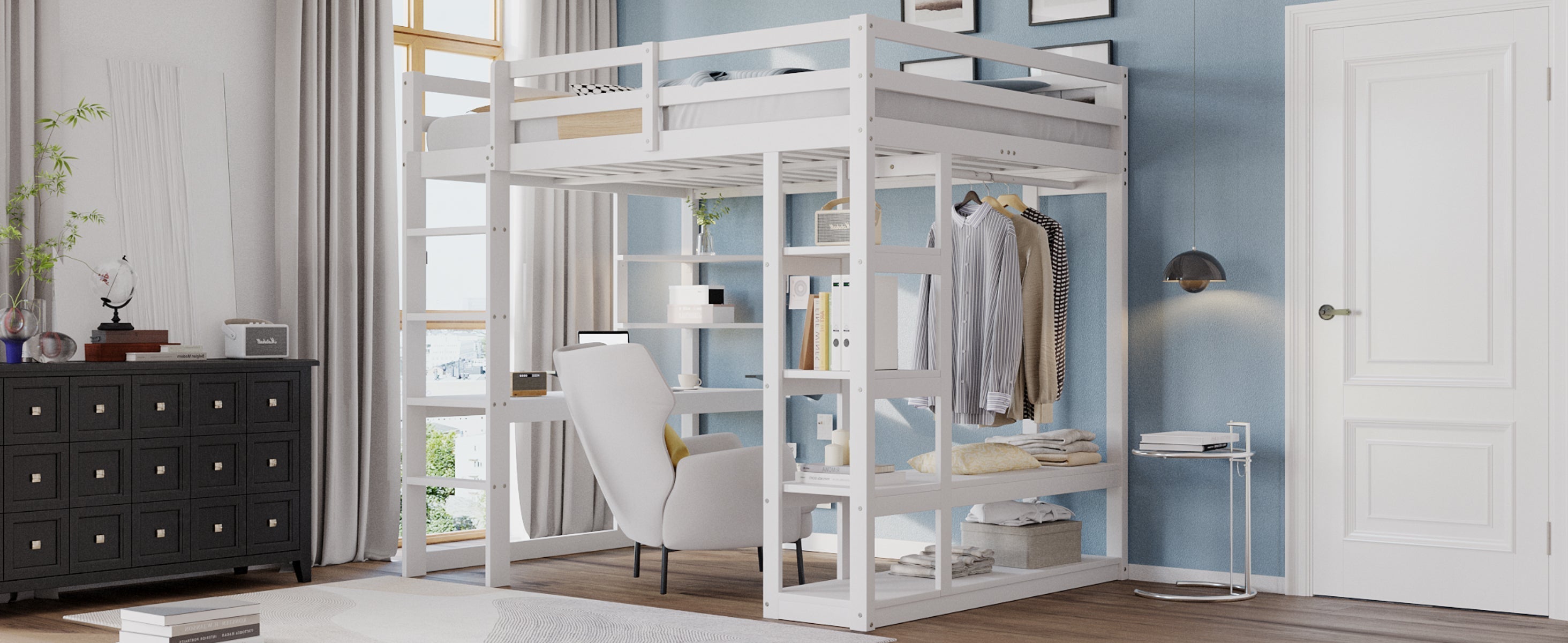 Loft Bed with Desk and Shelves, Solid Wood White and Grey