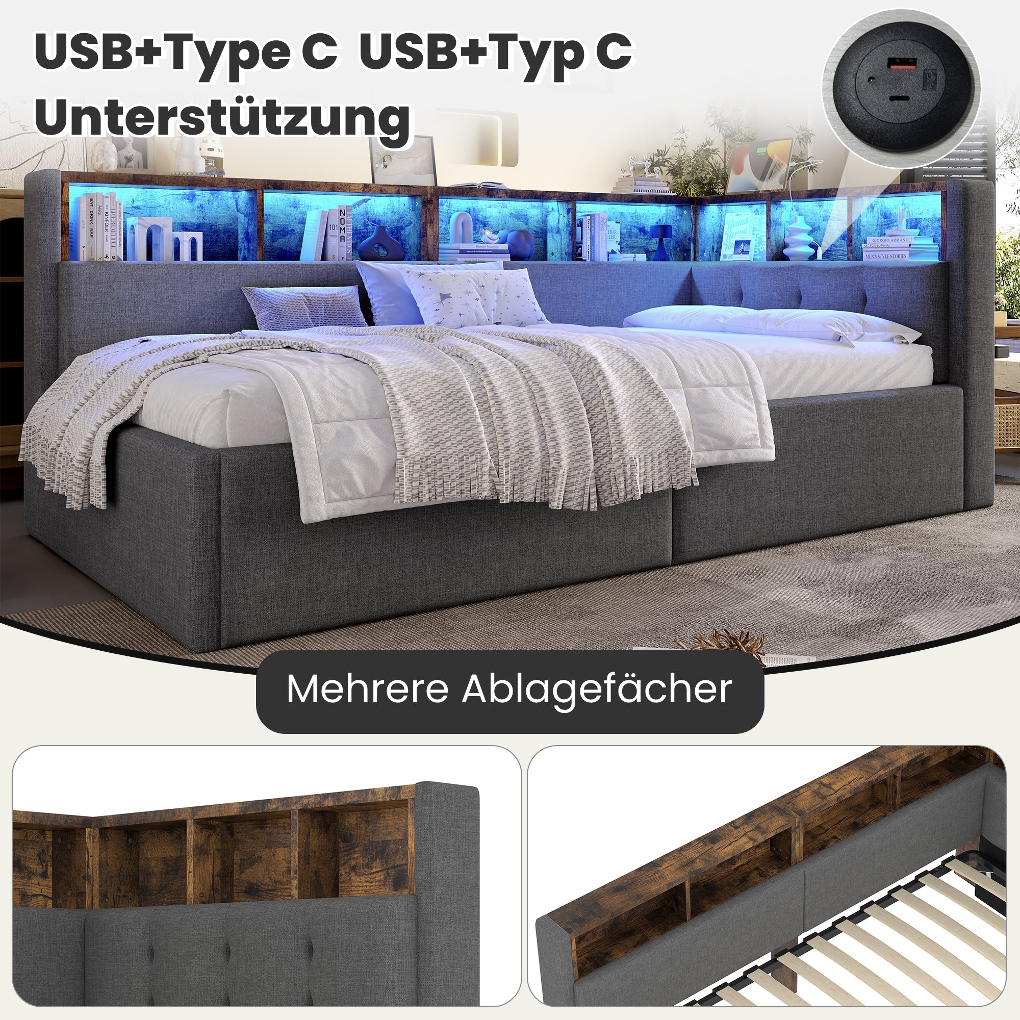 Daybed 90x200cm Hydraulic Storage LED USB/Type-C - Linen Grey