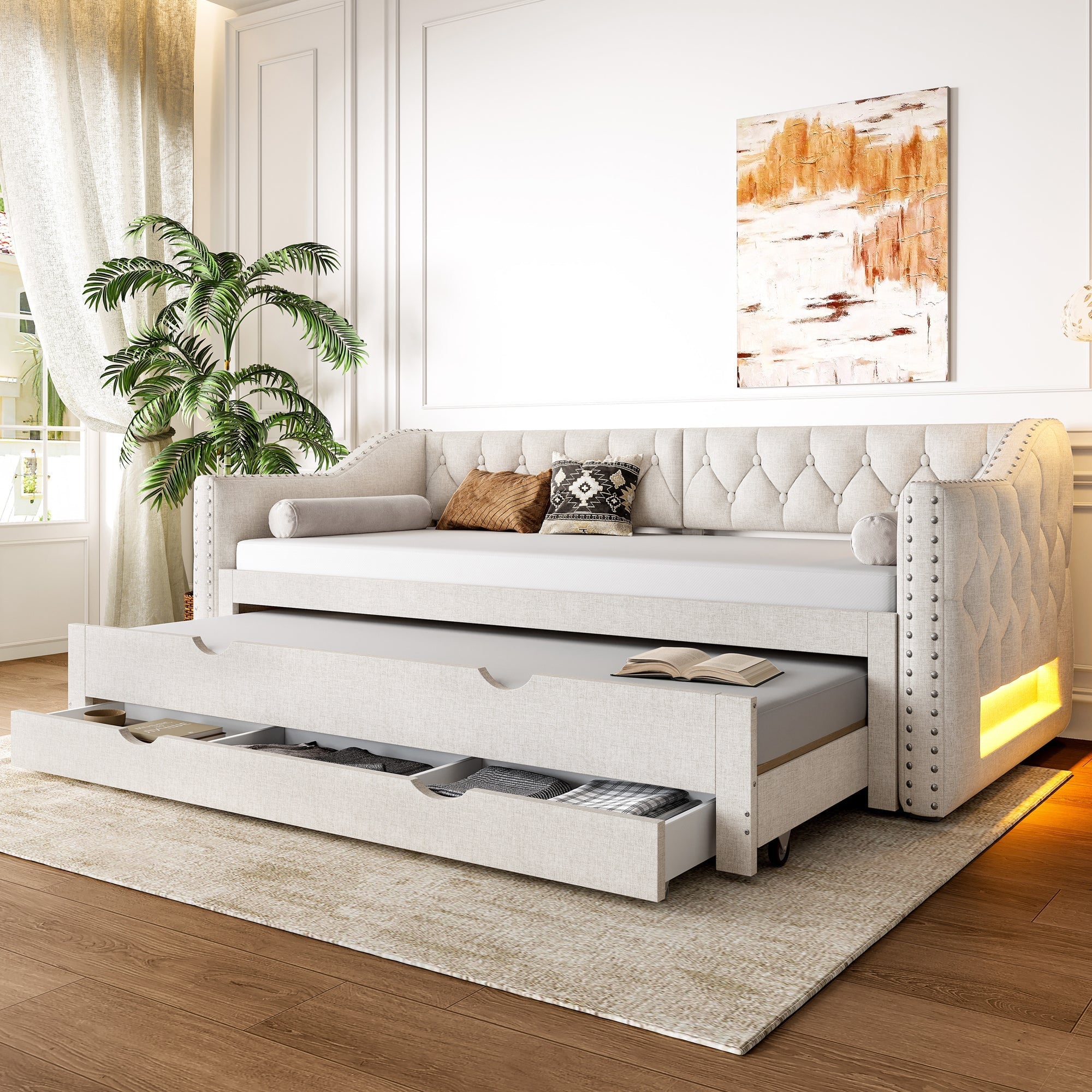 Upholstered Daybed 90x200 LED Pull-Out Bed 3 Drawers - Beige