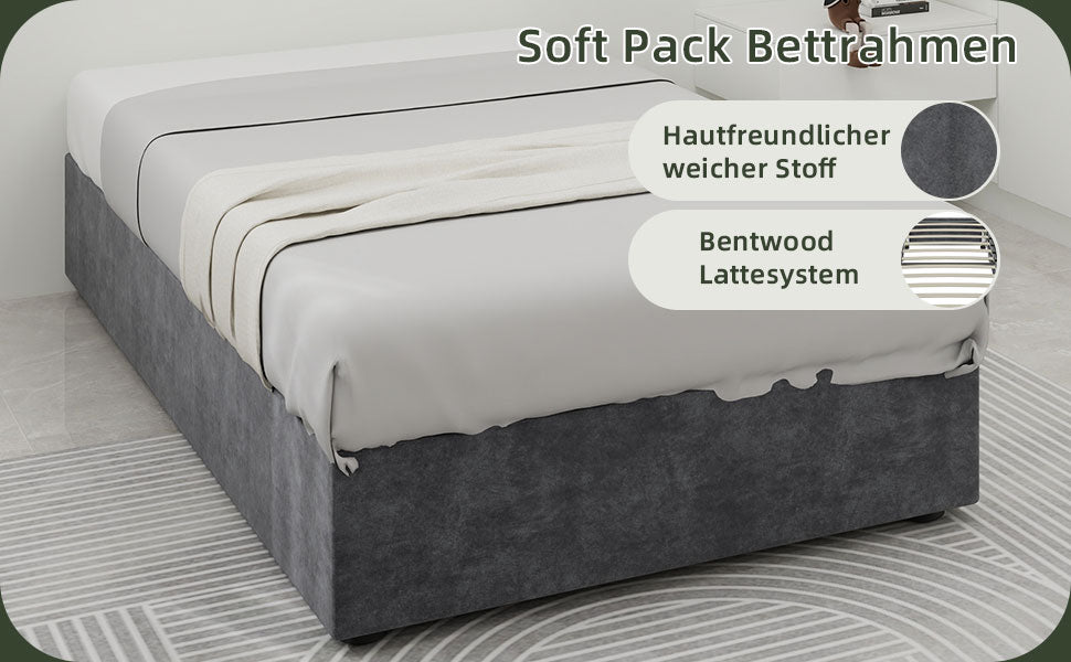 Modernes Bettgestell in schlichtem Stil 90 x 200 cm Gasdruckfeder Stauraum Holländischer Samt Grau