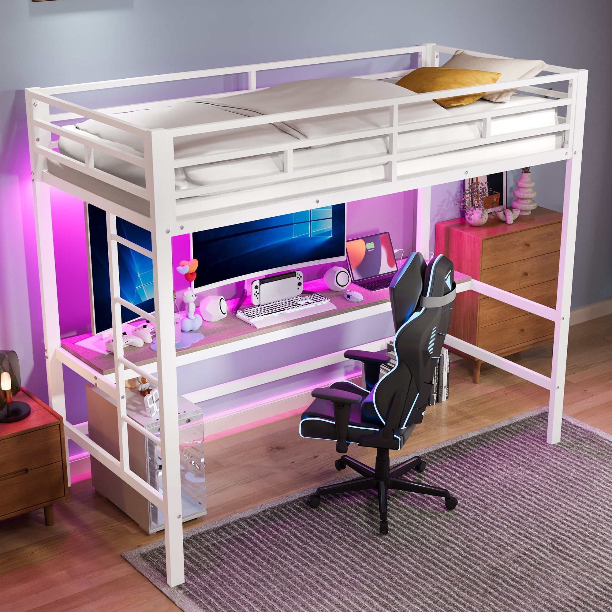 Loft Bed with Desk, USB Ports and LED Light Strip, White Metal
