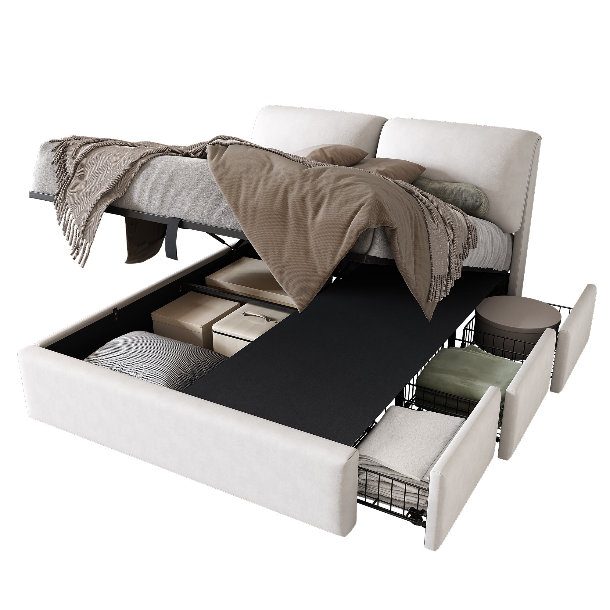 Upholstered Bed with Hydraulic Storage and 3 Drawers, 140x190cm, Beige Velvet
