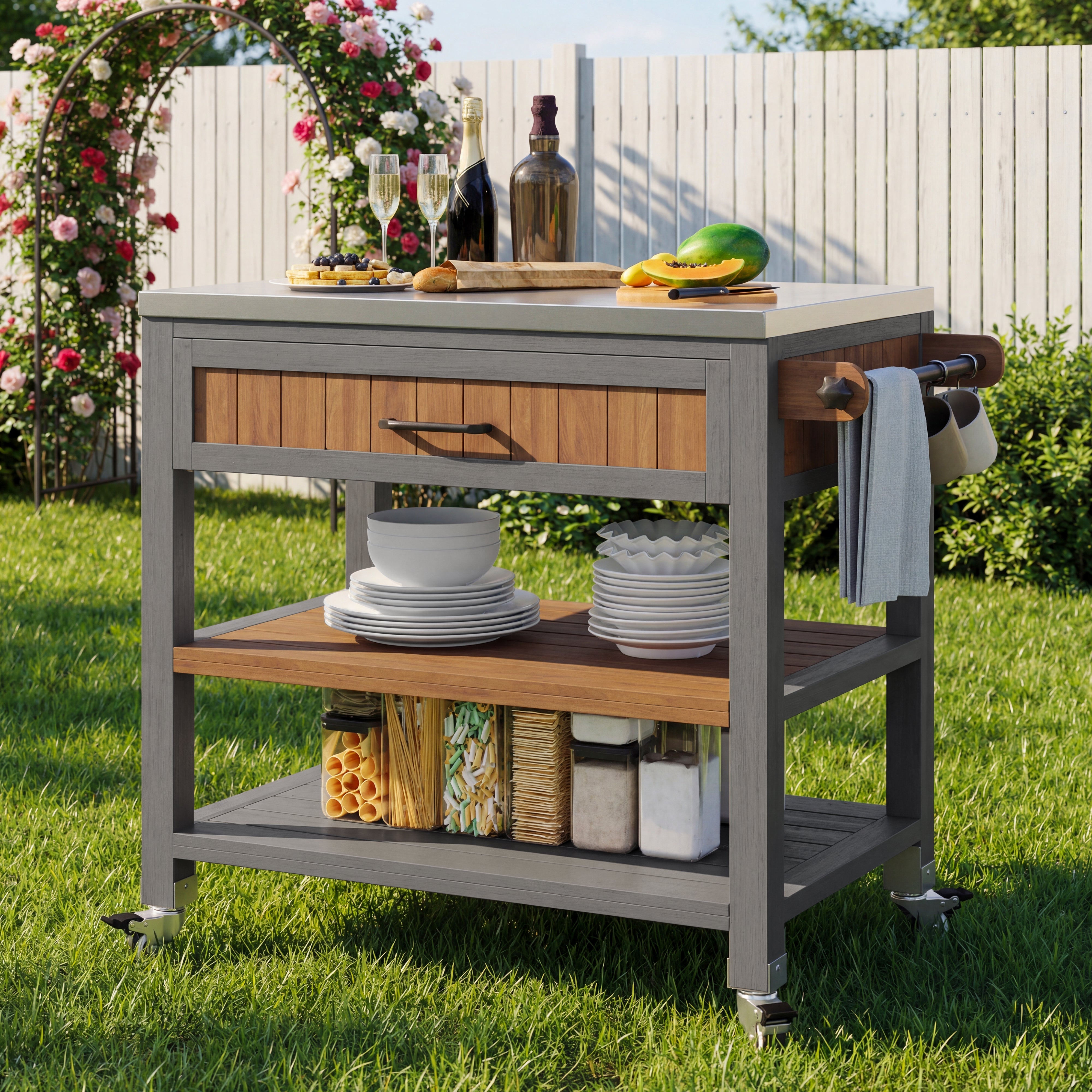 Garden Cabinet with Wheels, Drawer and Towel Rack, Stainless Steel Worktop