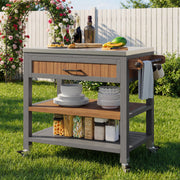 Garden Cabinet with Wheels, Drawer and Towel Rack, Stainless Steel Worktop