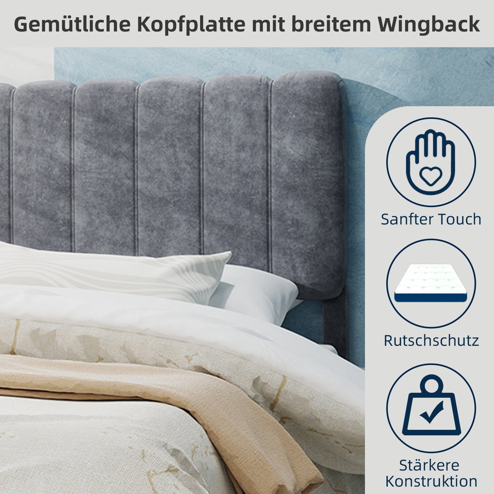 Modern Minimalist Upholstered Bed, Soft Headboard, 160x200 cm, Grey