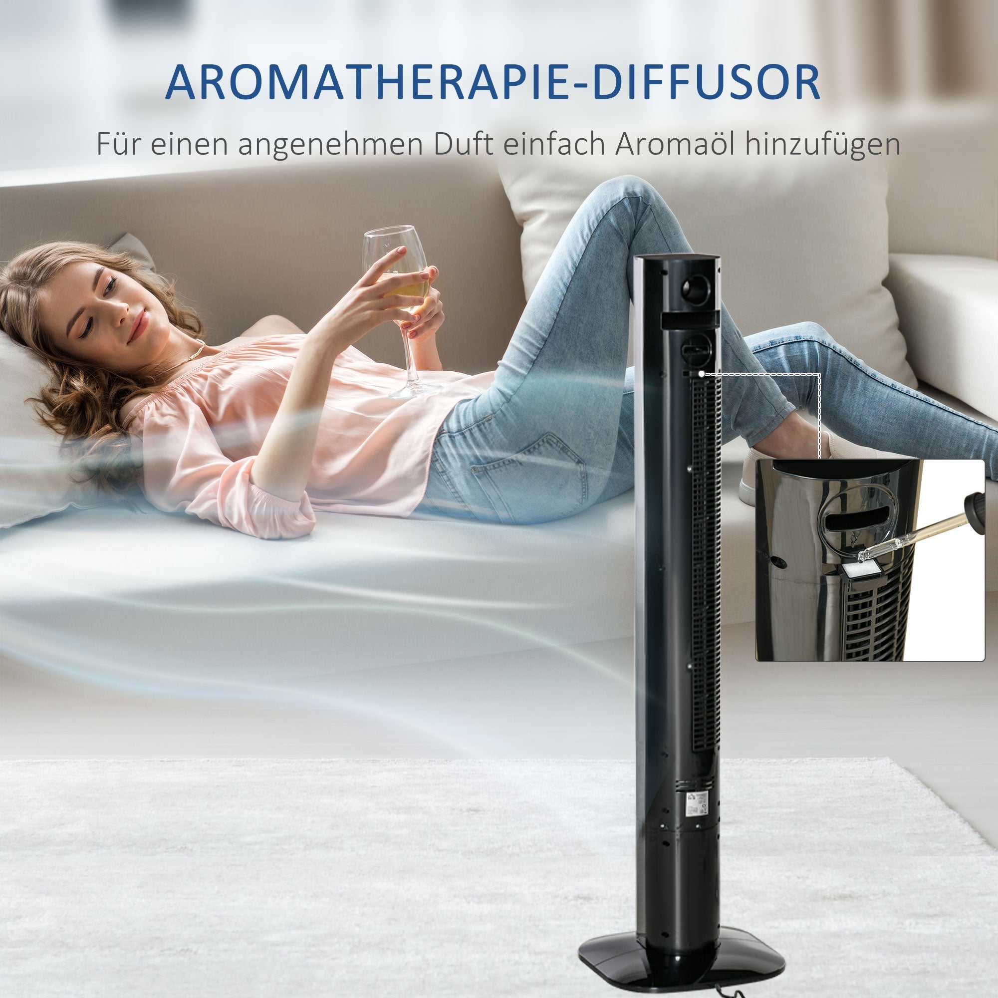 Pedestal fan with remote control, 45W, 12H timer, 70° oscillation, 3 ventilation levels, aroma diffuser, black