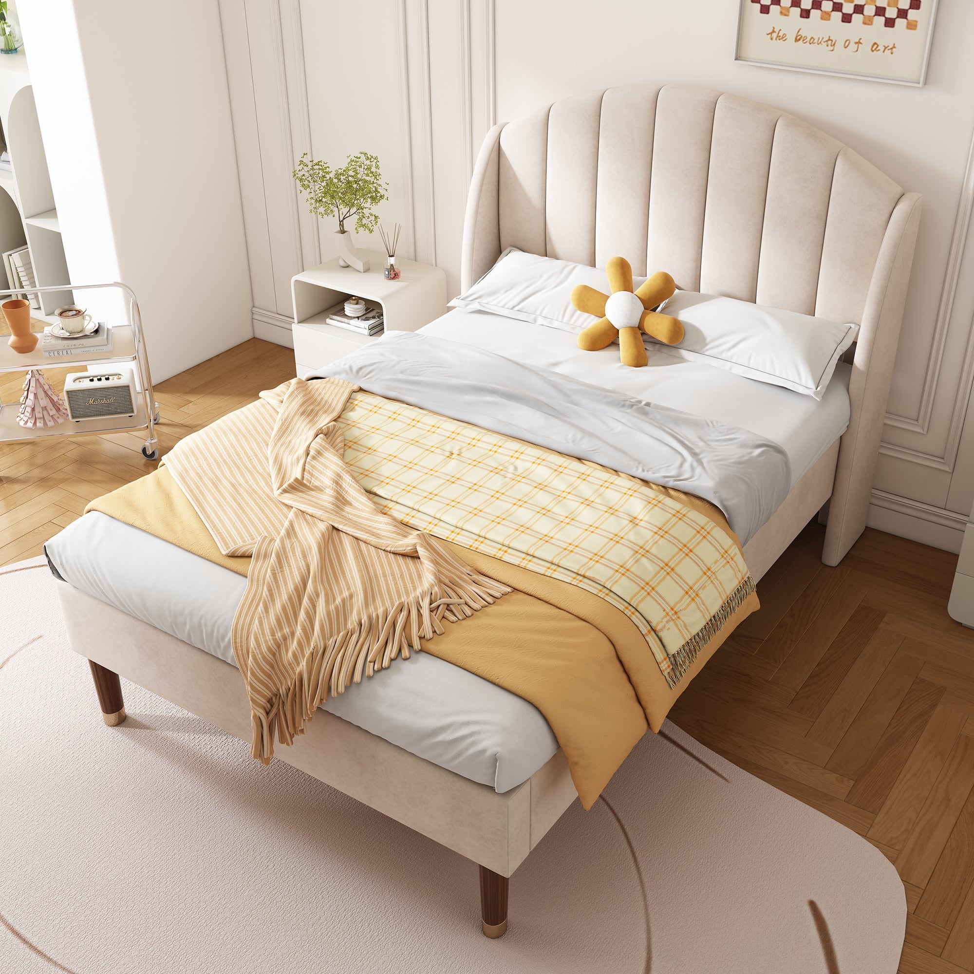 Upholstered bed, Single Bed - 3ft (90*190cm) with Slatted Frame and Headboard, Beige Velvet