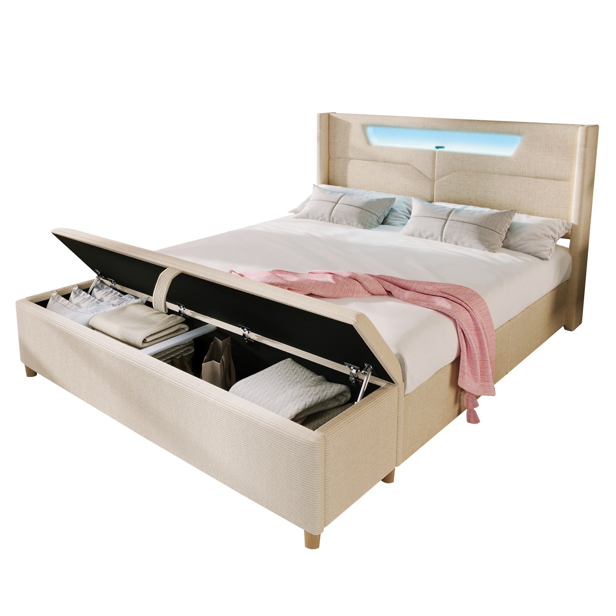Upholstered Bed Set 140x200 LED USB-C Storage Bench, Beige Linen/Corduroy