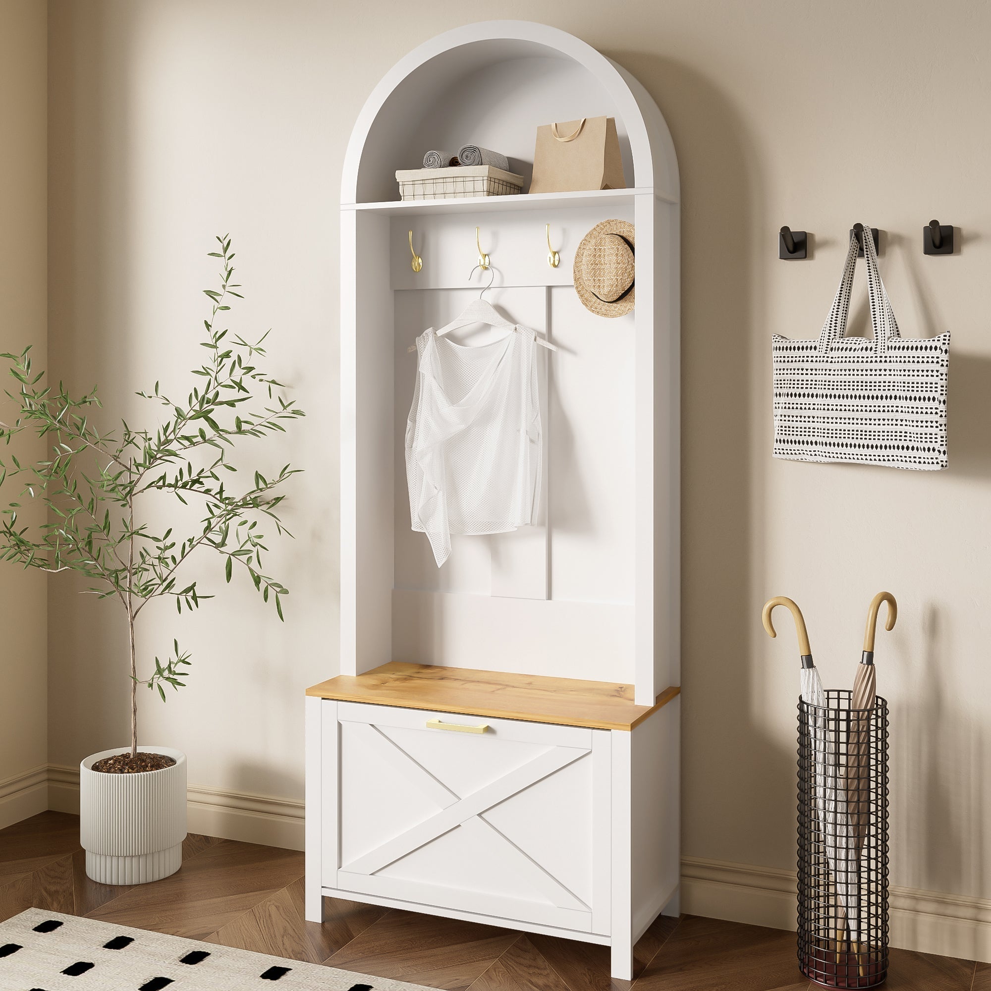 Multifunctional Wardrobe Hall Tree with Shoe Rack, Shelf & Hooks, MDF