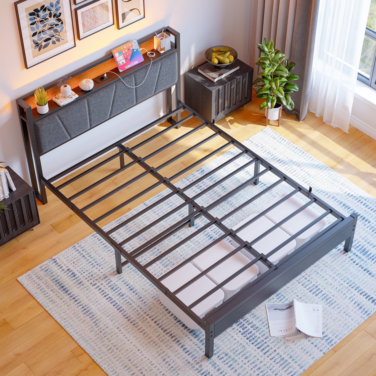Bed Frame 140x200cm LED Headboard USB Charging - Metal Slats
