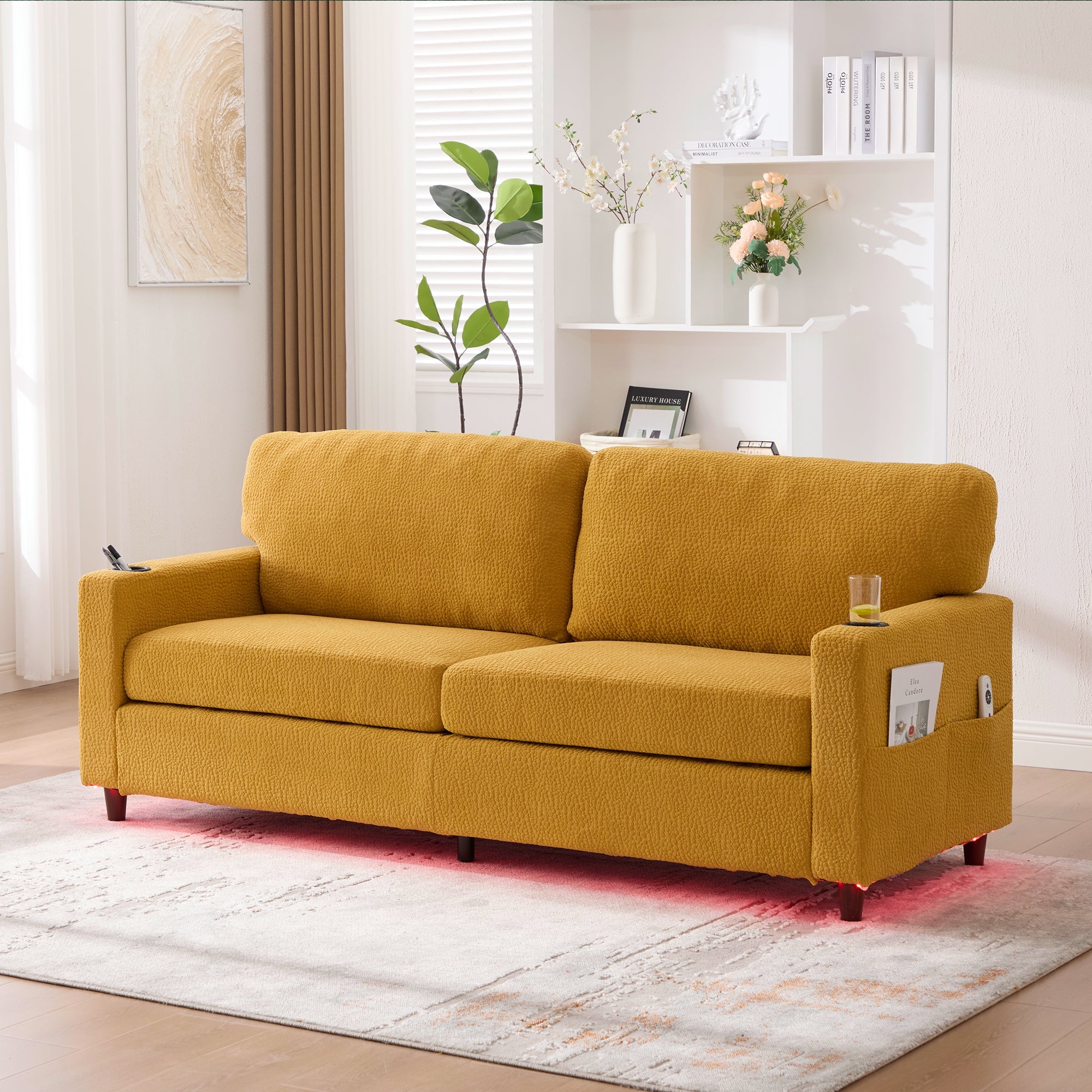 2-Seater Sofa USB-C LED Cup Holders Storage - Mustard Yellow Chenille