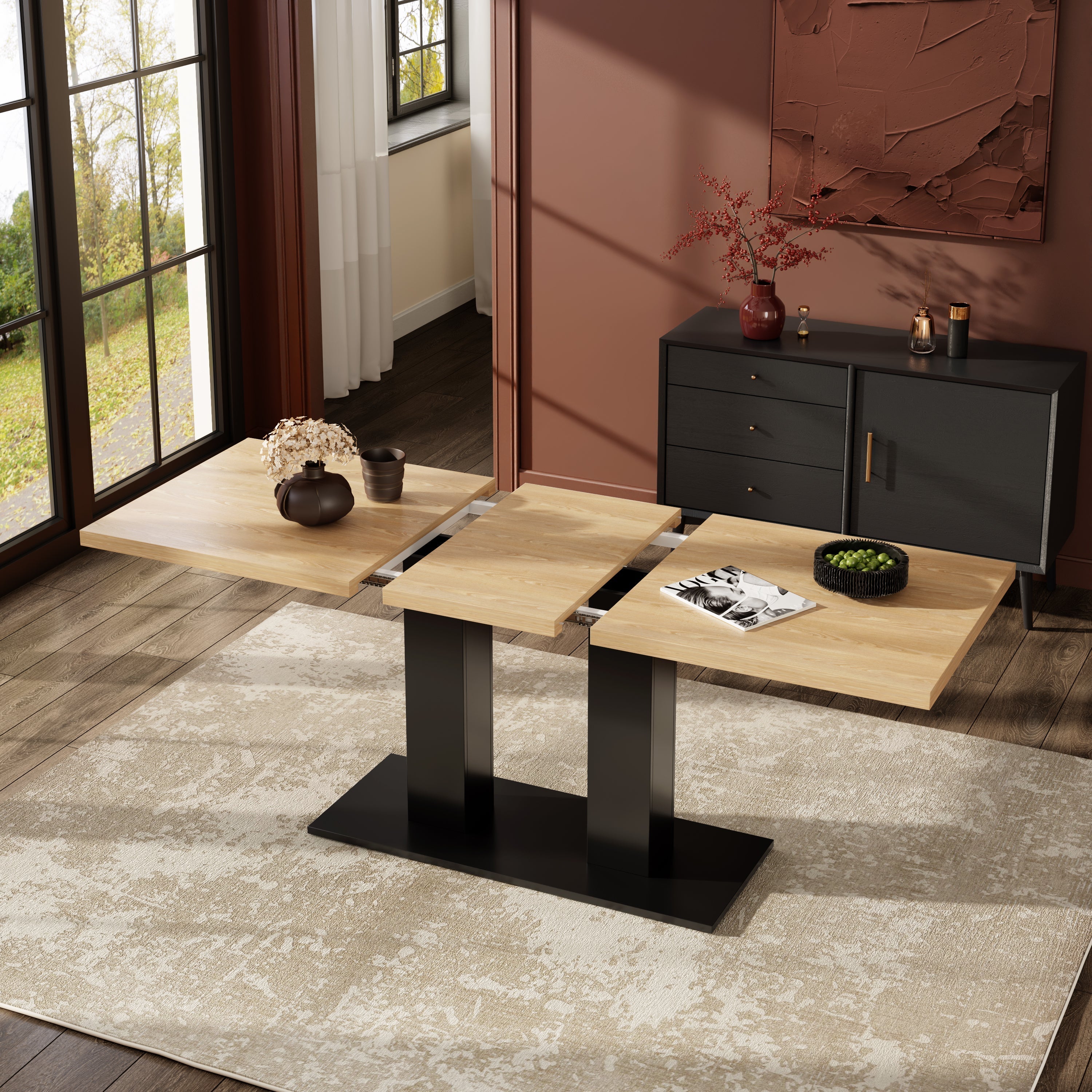 Extendable Dining Table, 140/180x70cm for 6-8 People, Natural Wood Color