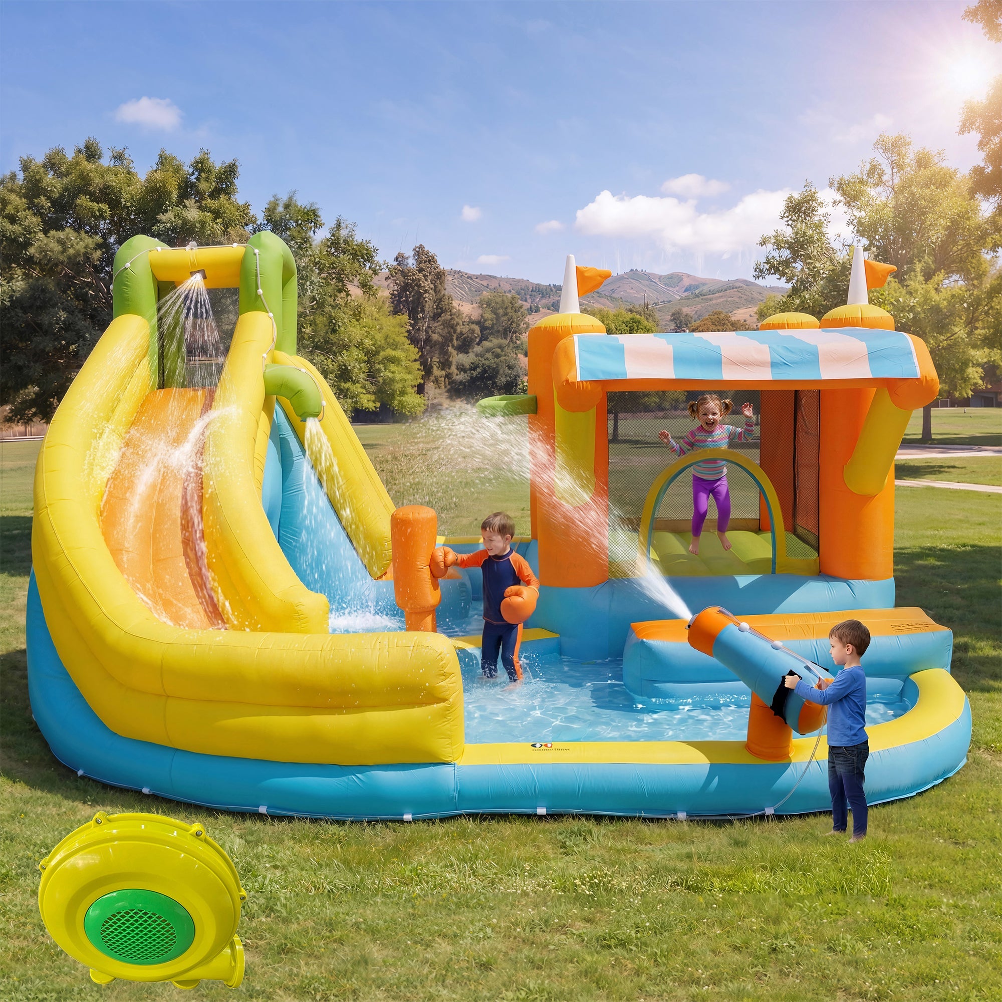 Inflatable Bouncy Castle Water Park with Slide, Pool and Blower, 433x375x165cm, Multicolor Outdoor Garden Toy