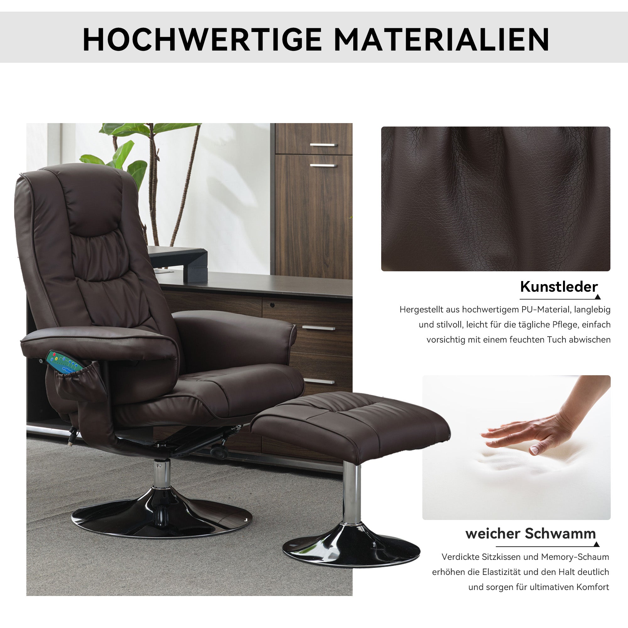 Massage Chair with 5-Point Massager, Ottoman, PU Upholstery, Brown