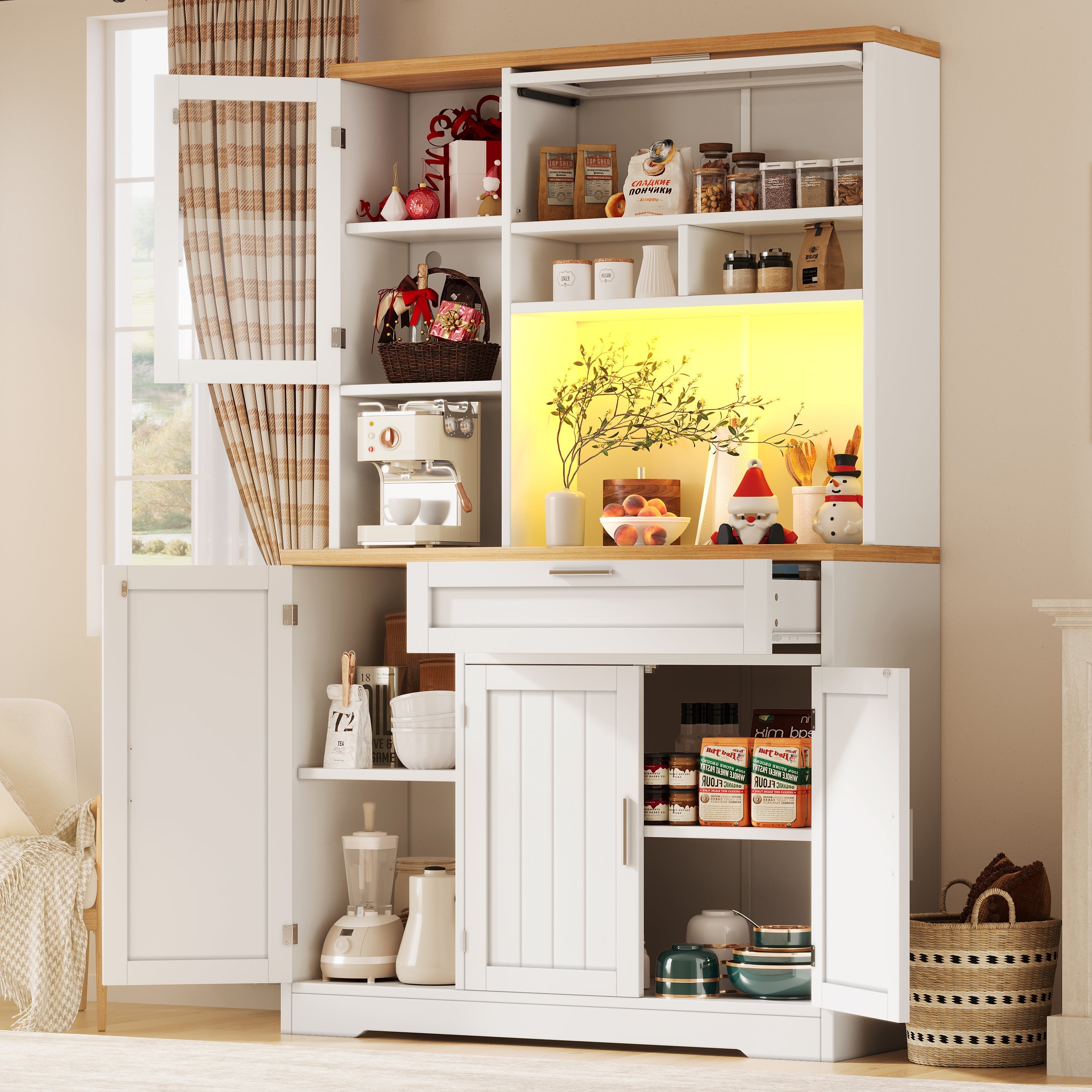 Tall Kitchen Cabinet Display Case with LED Lighting and Glass Doors, White and Black