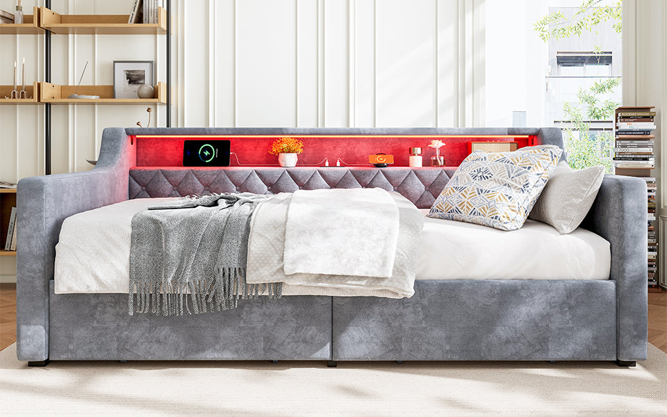 Upholstered Bed 3FT Single with Light Strip, Charging Port, 2 Drawers, Velvet Grey