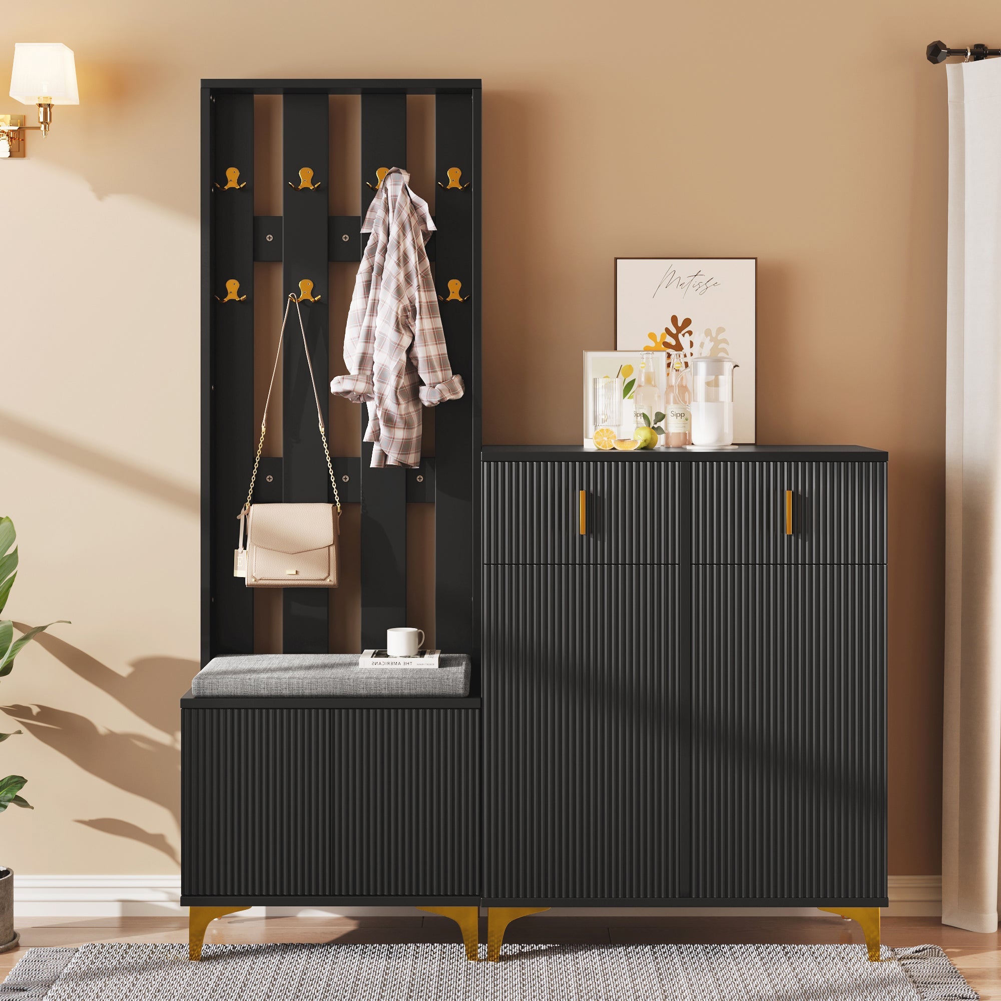 Wardrobe Set, Shoe Bench, Hooks, Drawers & Doors, Black Particleboard