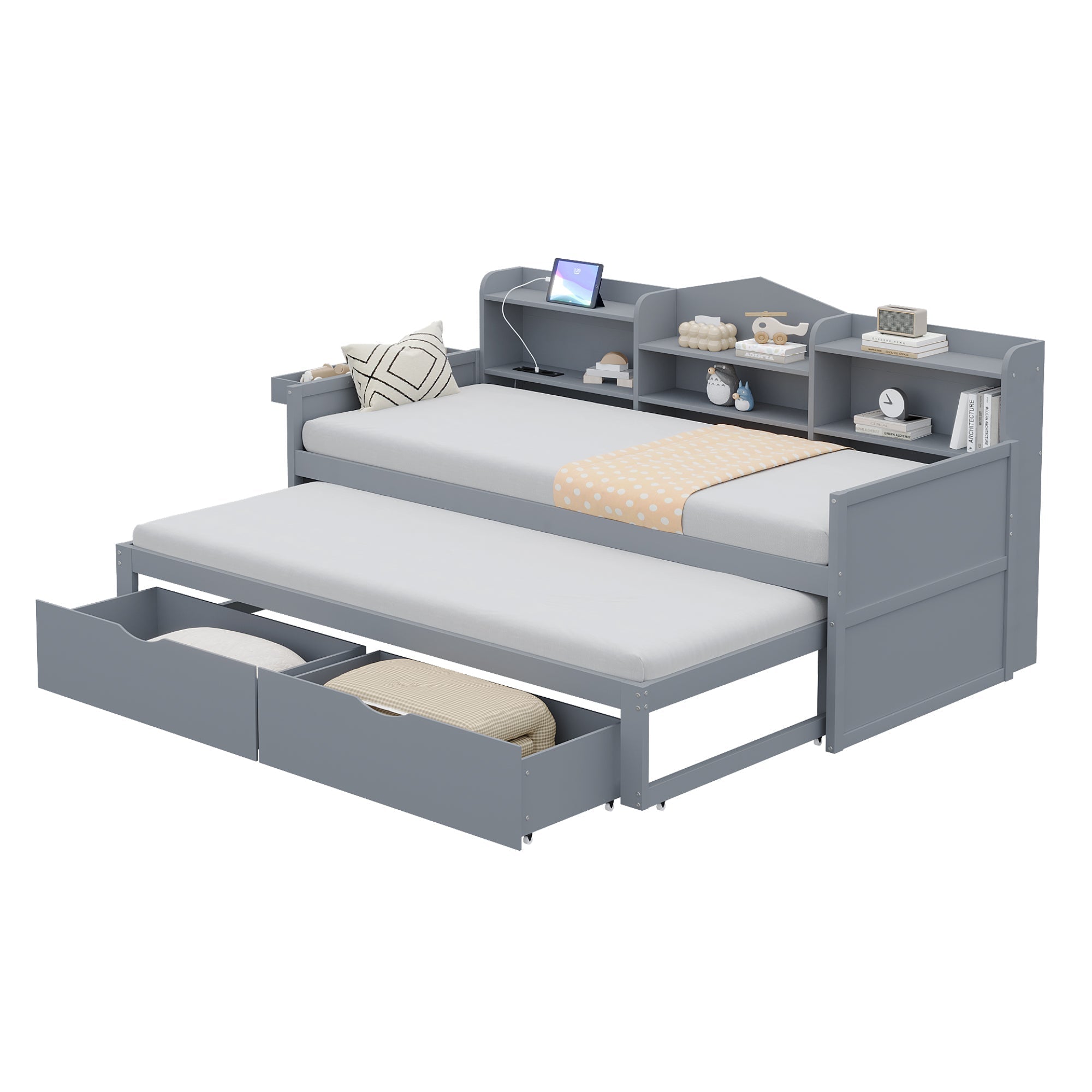 Sofa bed 90*200 with Pull-Out Bed, Drawers & USB Socket, Wood, Gray